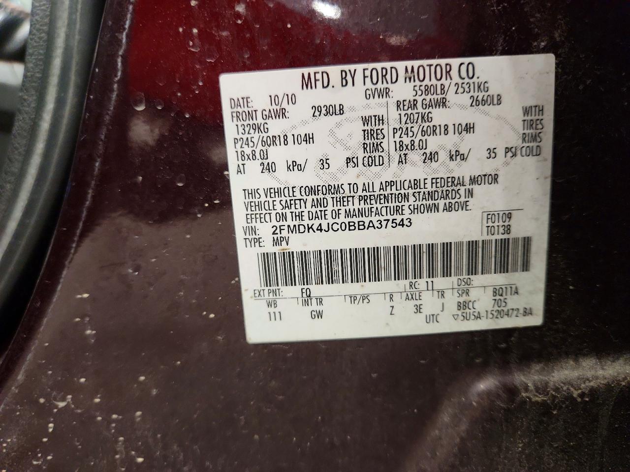 2011 Ford Edge Sel Maroon vin: 2FMDK4JC0BBA37543