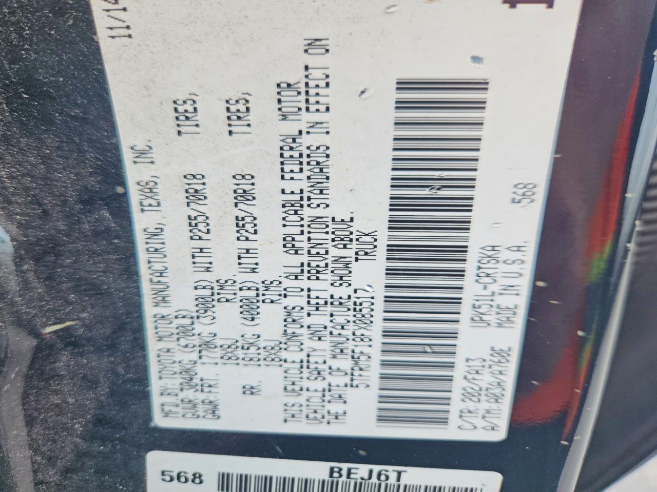 2015 Toyota Tundra Sr Black vin: 5TFRM5F18FX085517