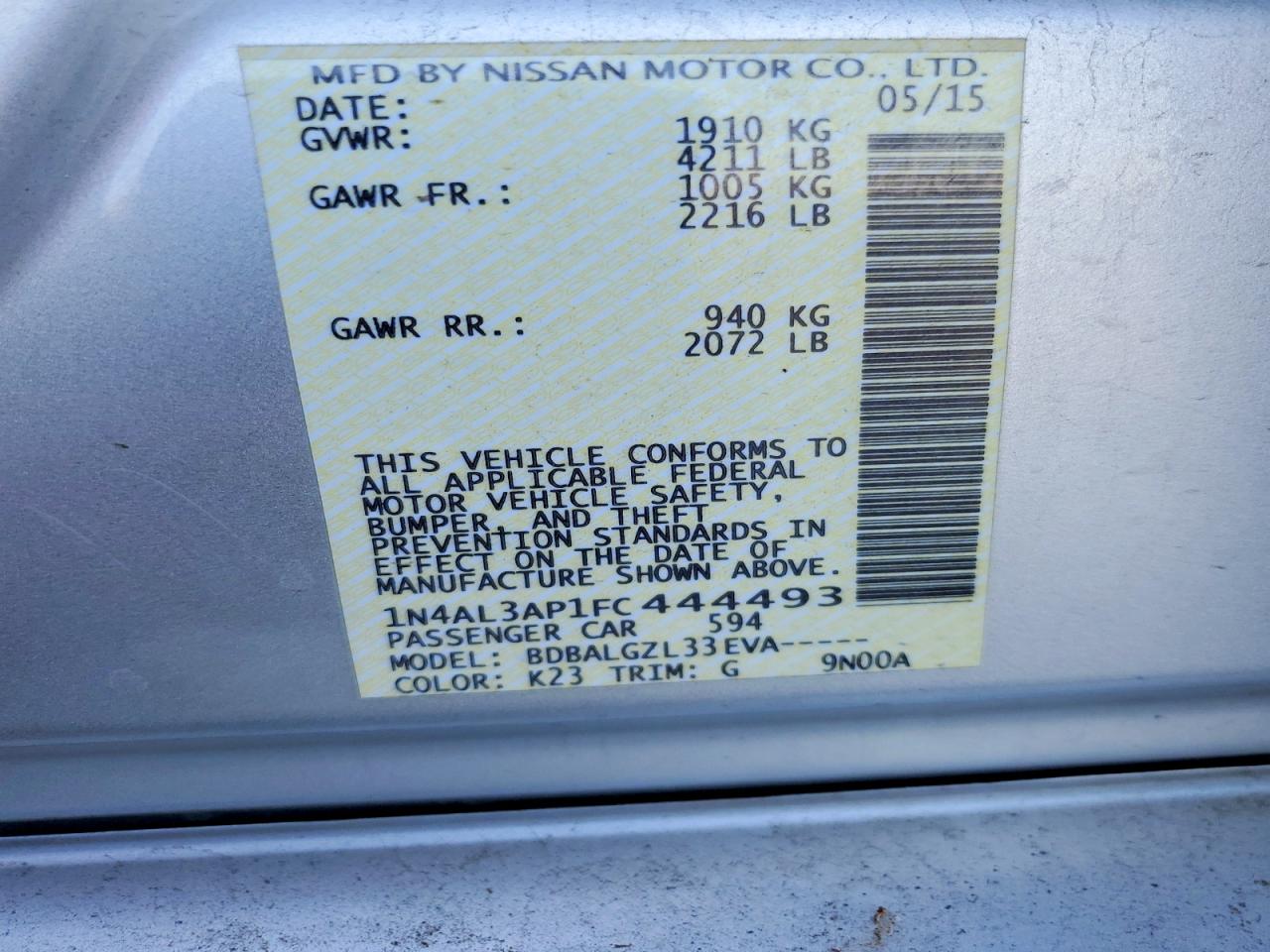 2015 Nissan Altima 2.5 S Silver vin: 1N4AL3AP1FC444493