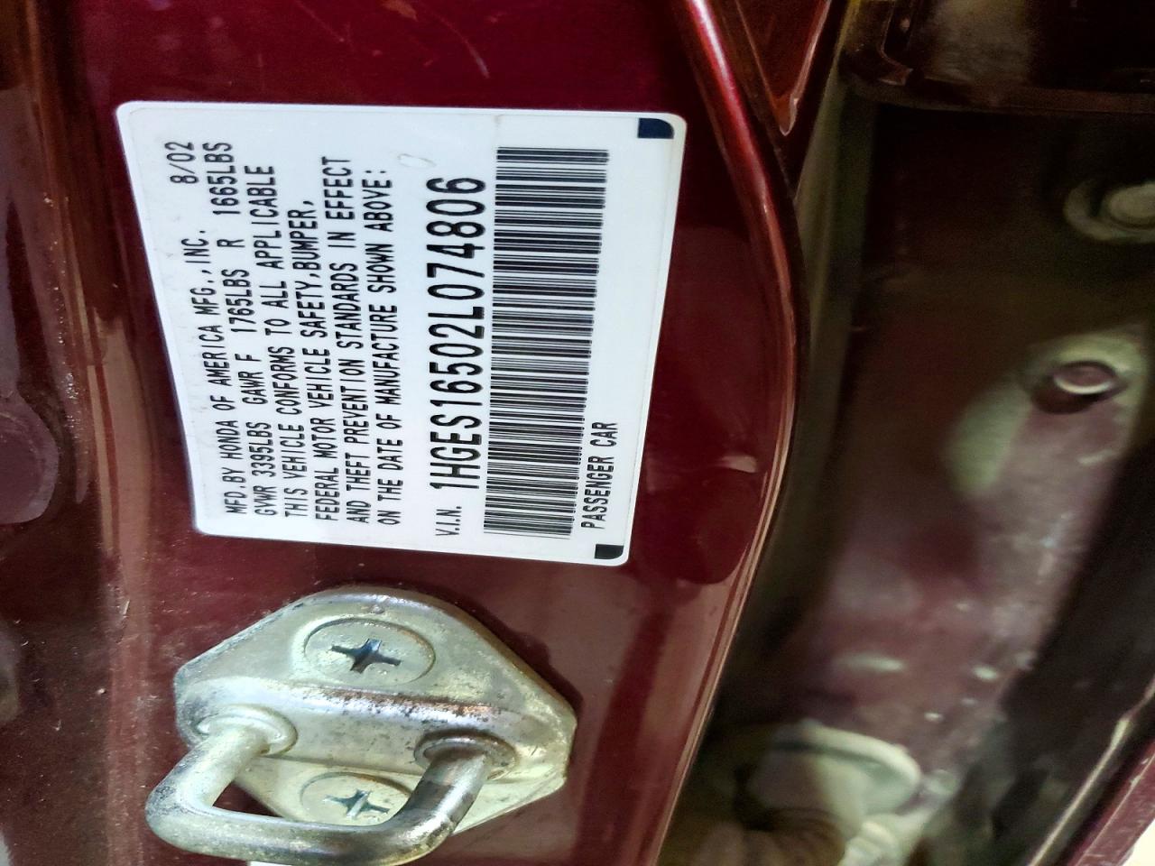 2002 Honda Civic Lx Бордовый vin: 1HGES16502L074806