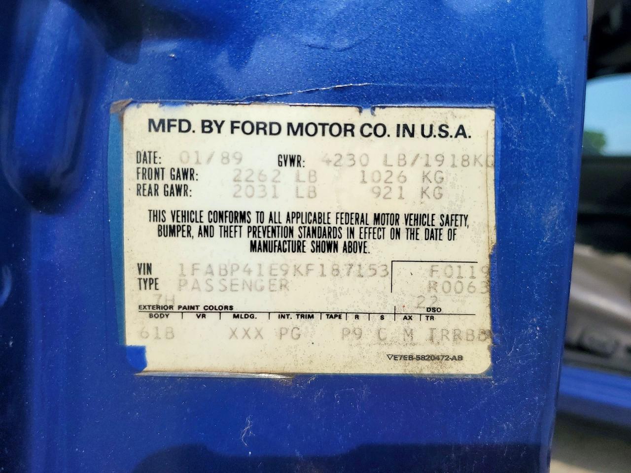 1989 Ford Mustang Lx Blue vin: 1FABP41E9KF187153