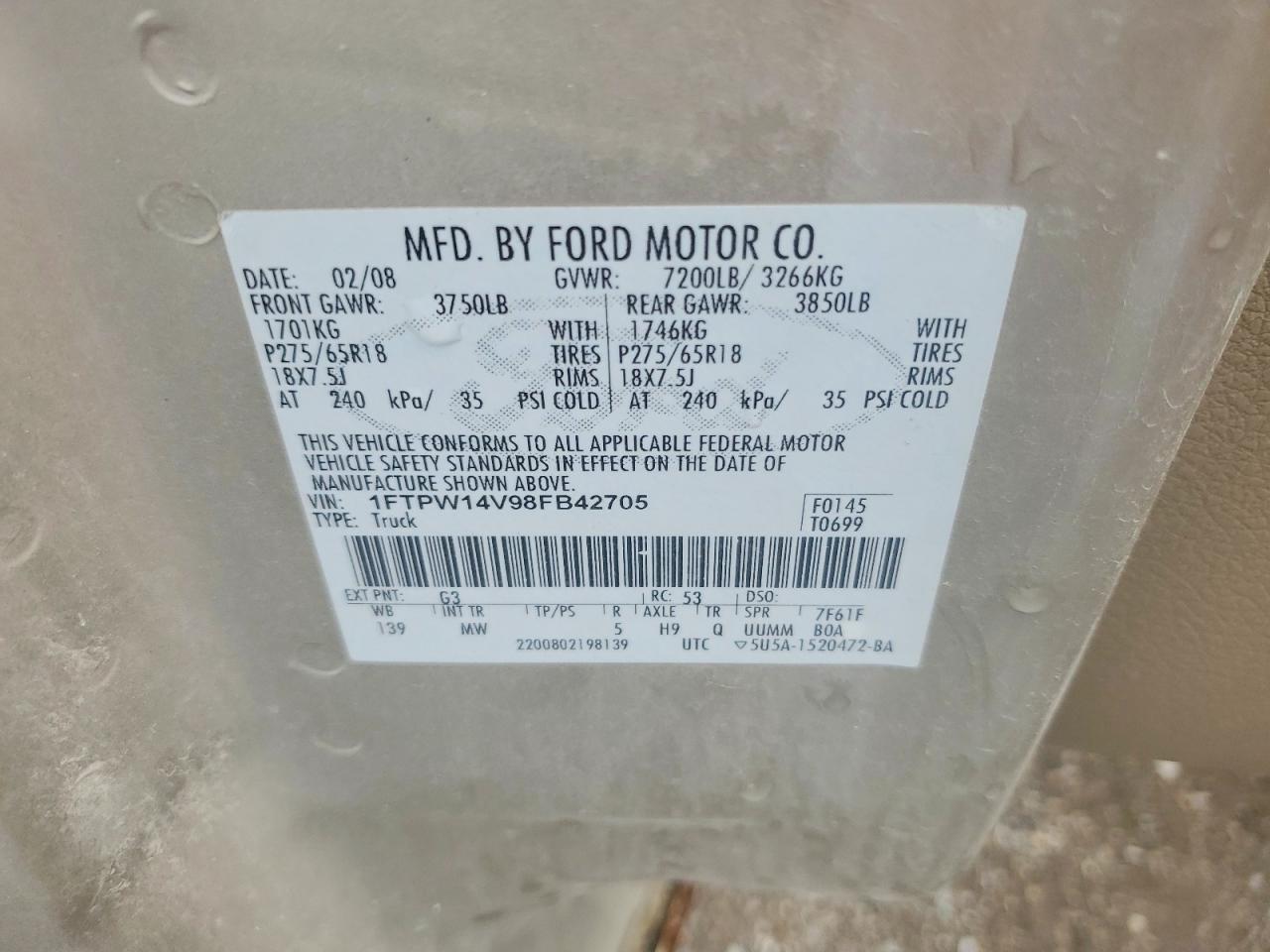 2008 Ford F150 Supercrew Золотой vin: 1FTPW14V98FB42705