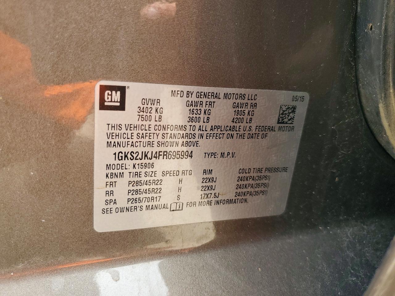 2015 Gmc Yukon Xl Denali Tan vin: 1GKS2JKJ4FR695994
