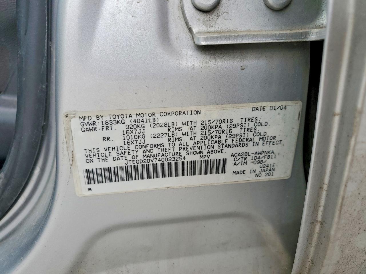 2004 Toyota Rav4 Base Silver vin: JTEGD20V740023254