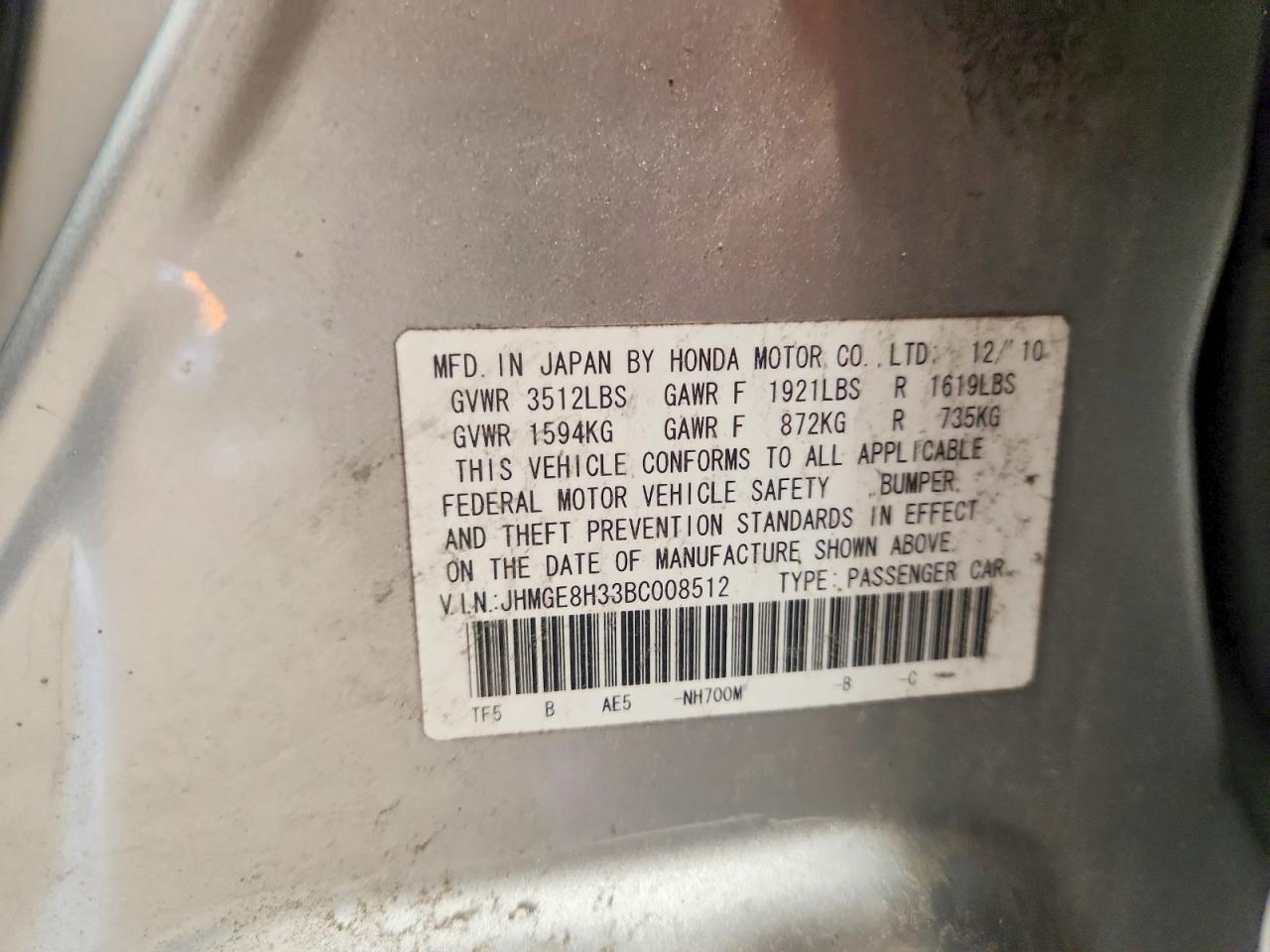 2011 Honda Fit Silver vin: JHMGE8H33BC008512