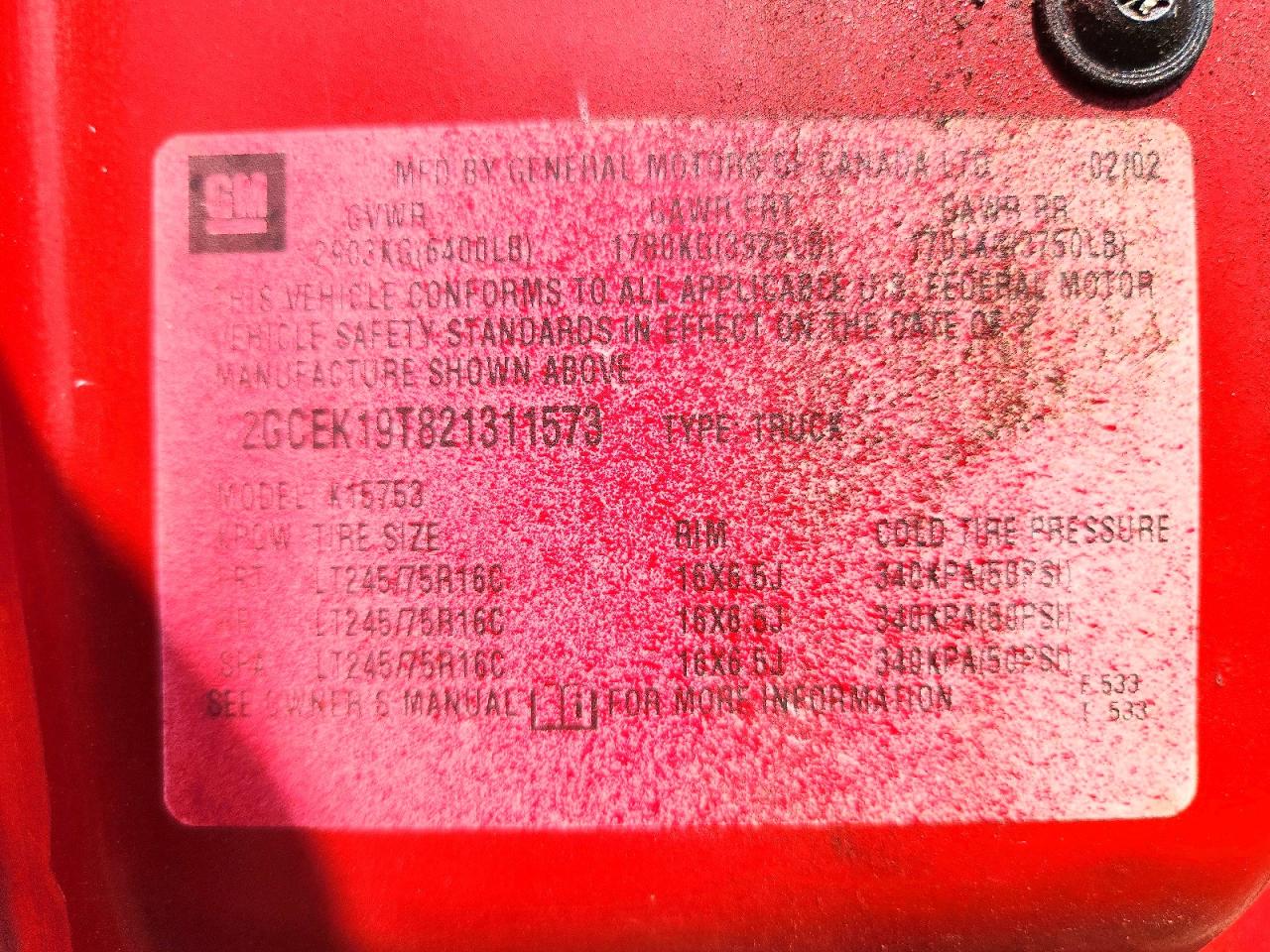 2002 Chevrolet Silverado K1500 Red vin: 2GCEK19T821311573