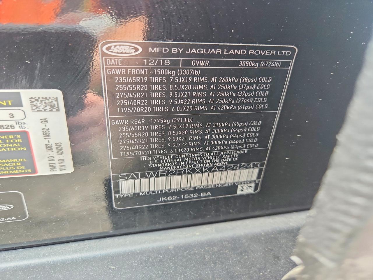 2019 Land Rover Range Rover Sport Hse Black vin: SALWR2RKXKA424243