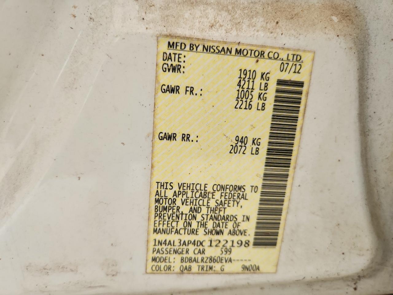 2013 Nissan Altima 2.5 White vin: 1N4AL3AP4DC122198