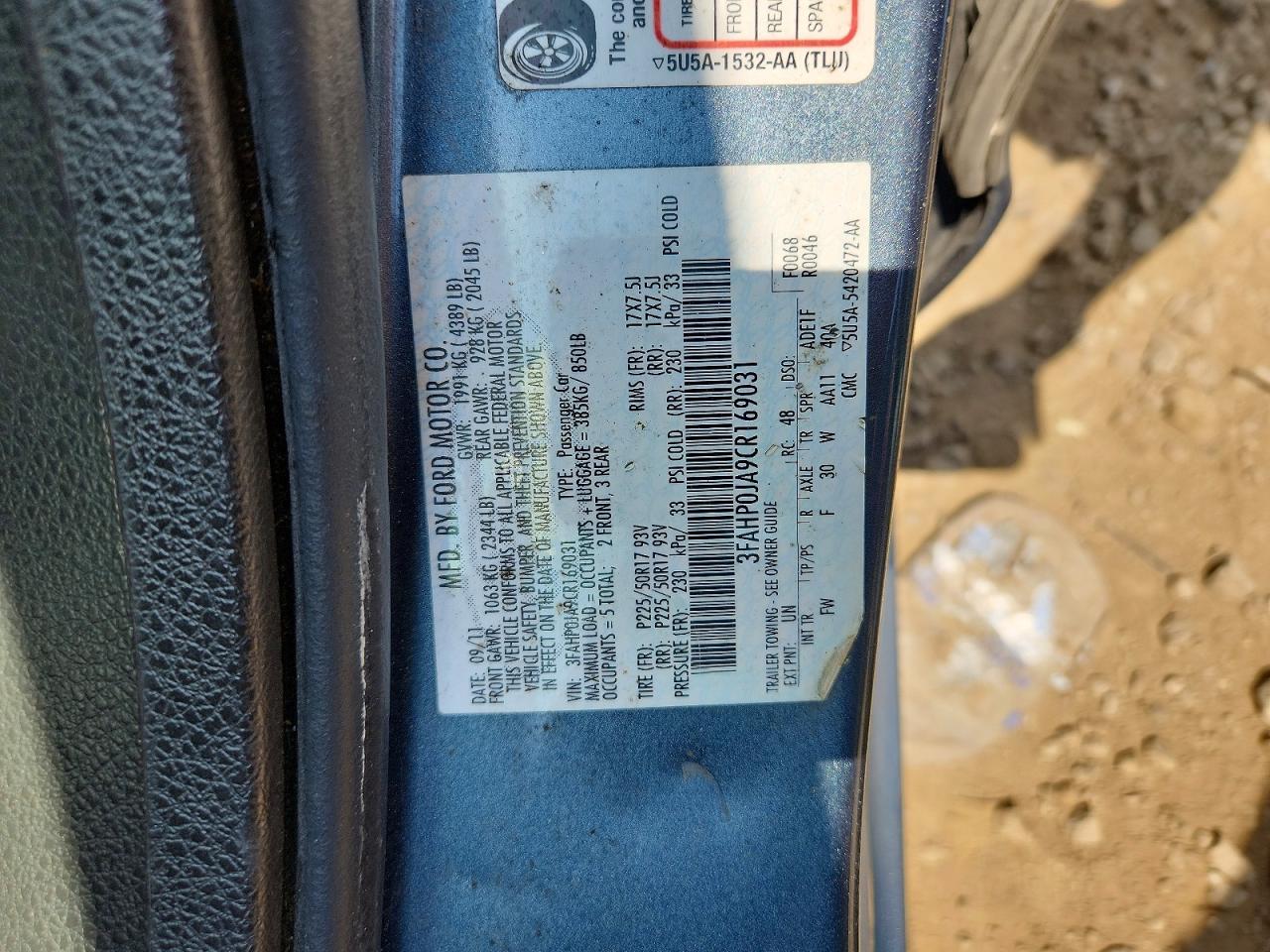 2012 Ford Fusion Sel Blue vin: 3FAHP0JA9CR169031