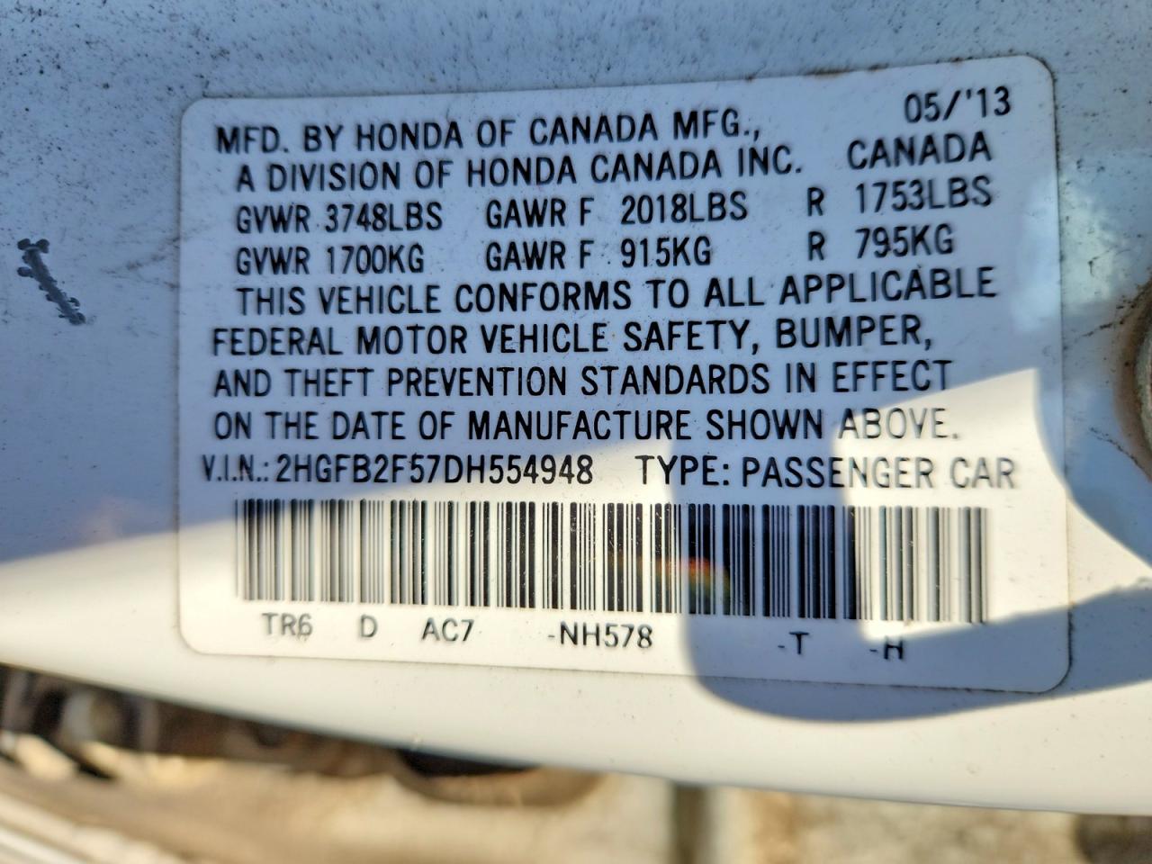 2013 Honda Civic Lx White vin: 2HGFB2F57DH554948