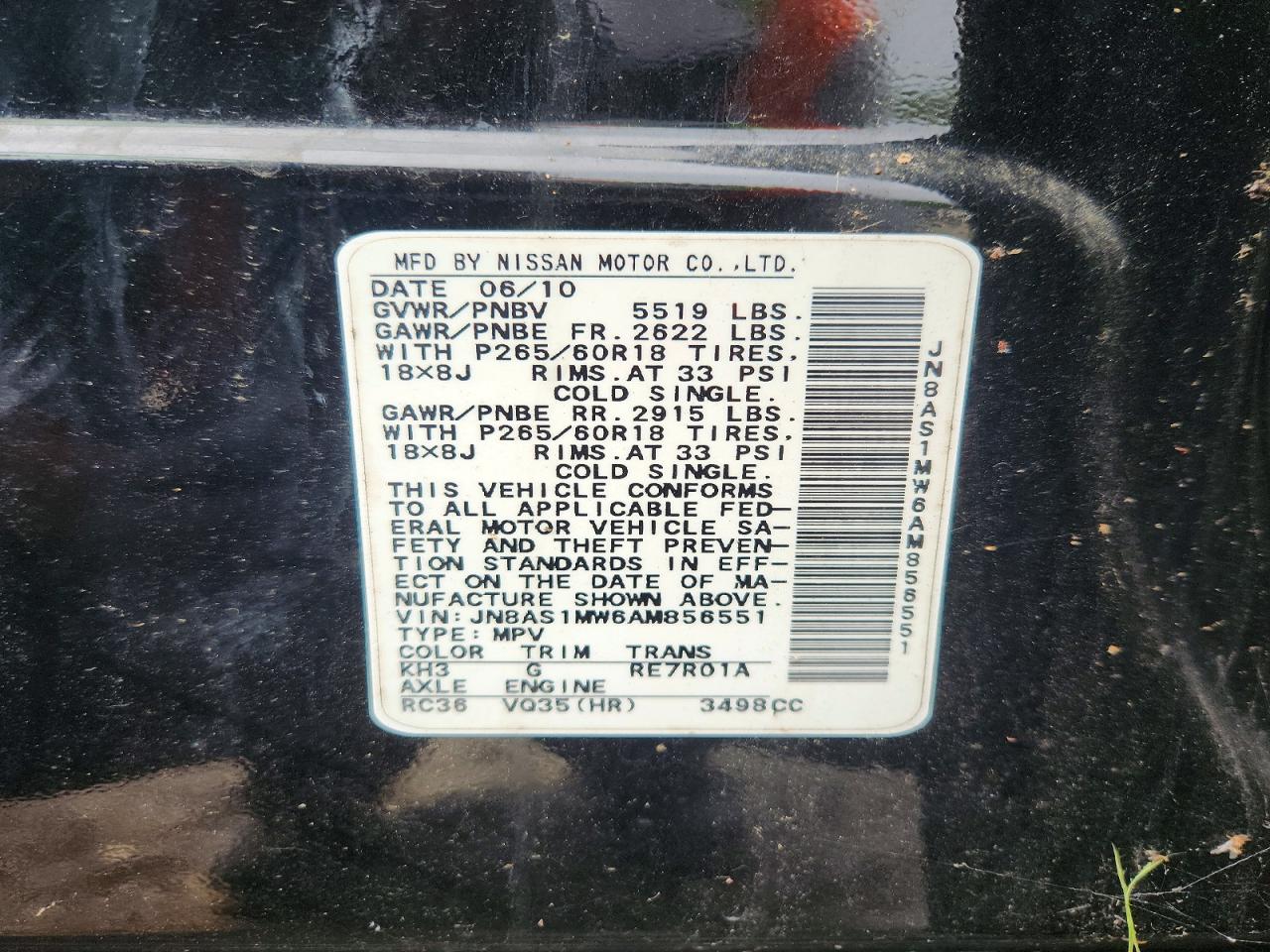 2010 Infiniti Fx35 Base Black vin: JN8AS1MW6AM856551