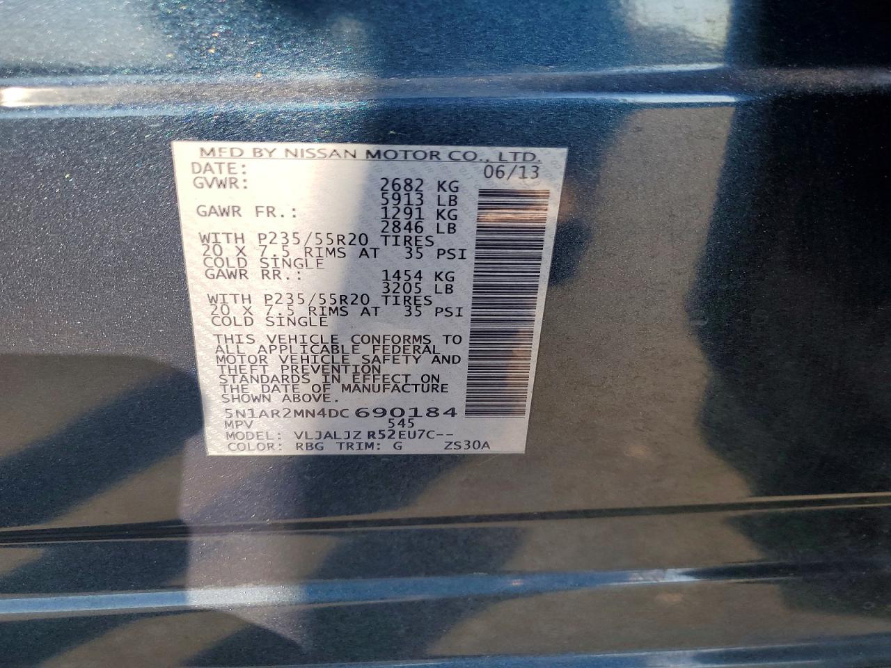 2013 Nissan Pathfinder S Blue vin: 5N1AR2MN4DC690184