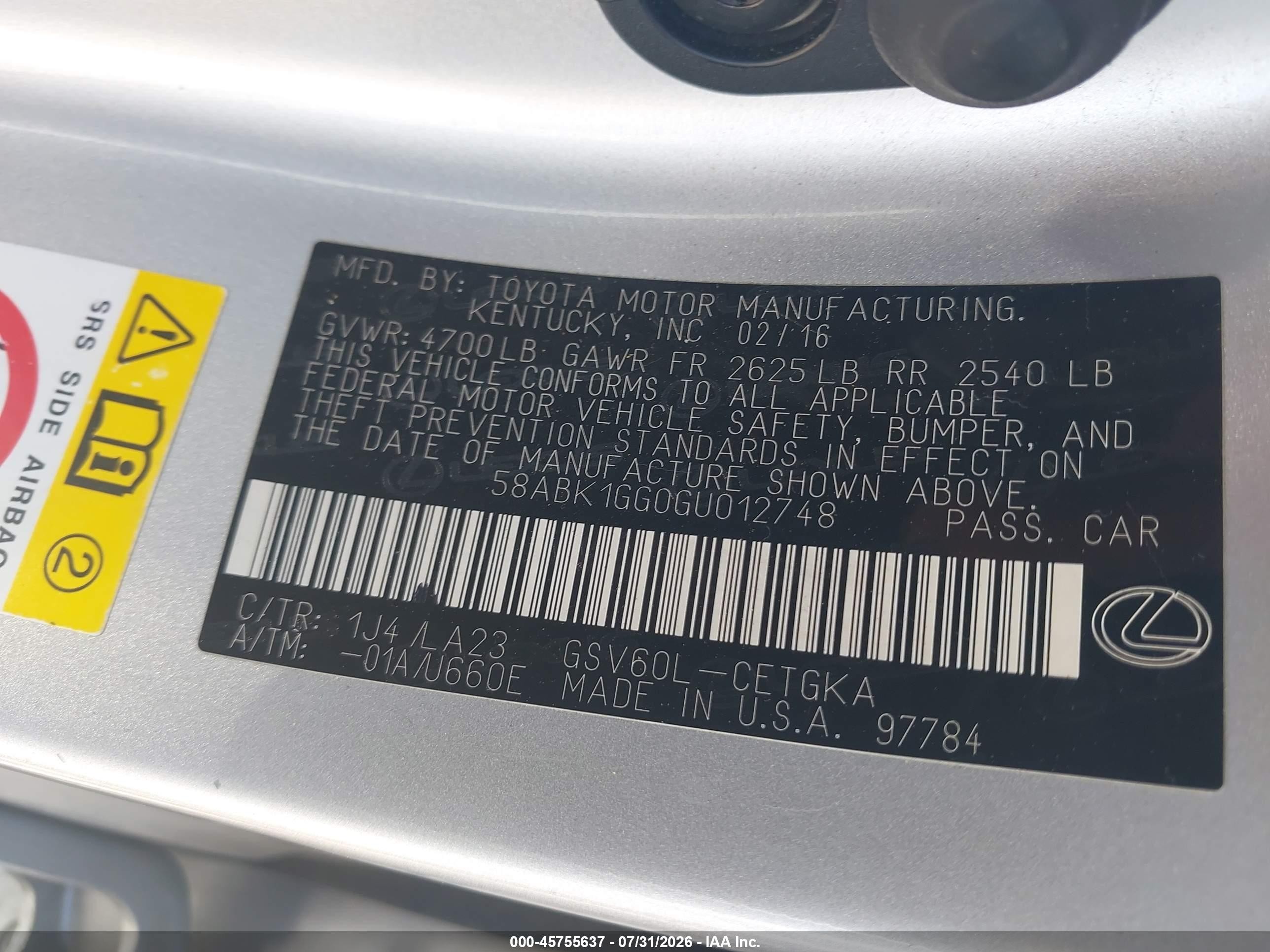 2016 Lexus Es 350   Silver vin: 58ABK1GG0GU012748