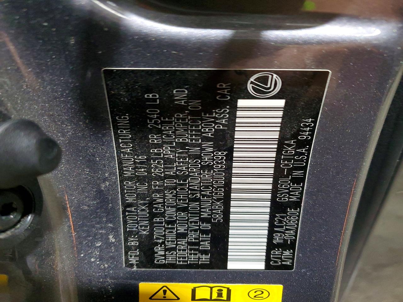 2016 Lexus Es 350 Угольный vin: 58ABK1GG1GU019398