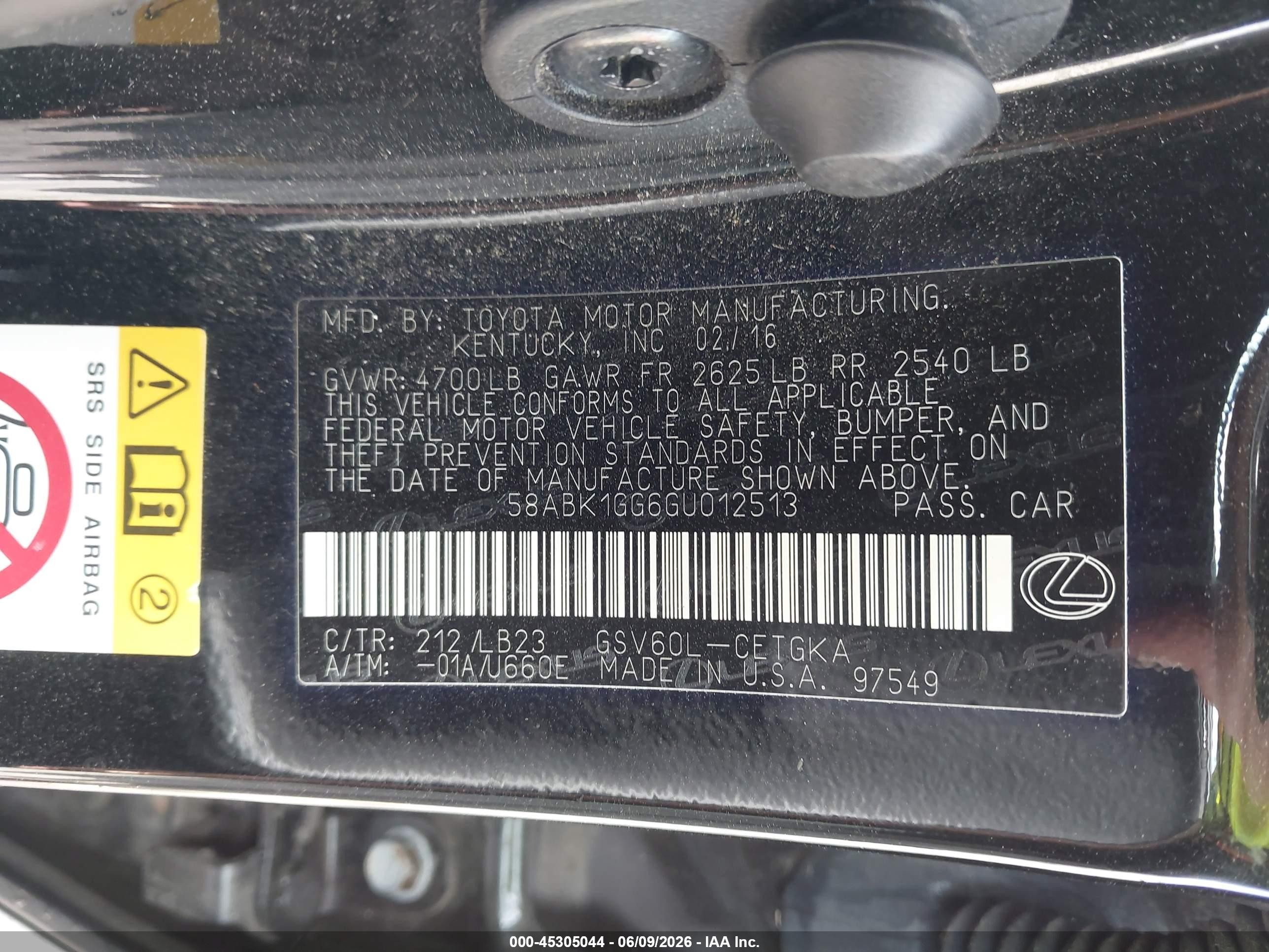 2016 Lexus Es 350 Черный vin: 58ABK1GG6GU012513