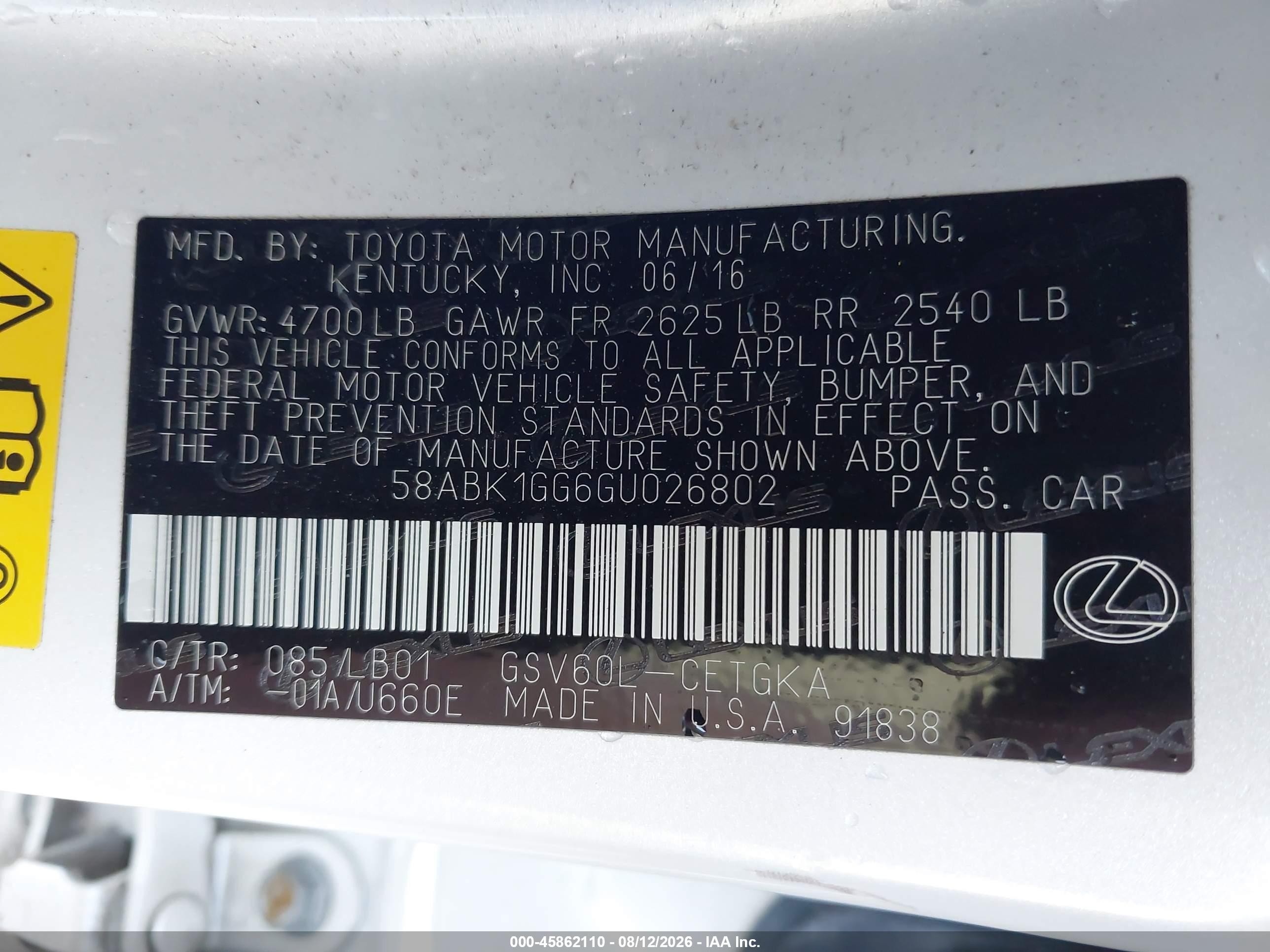 2016 Lexus Es 350 Белый vin: 58ABK1GG6GU026802
