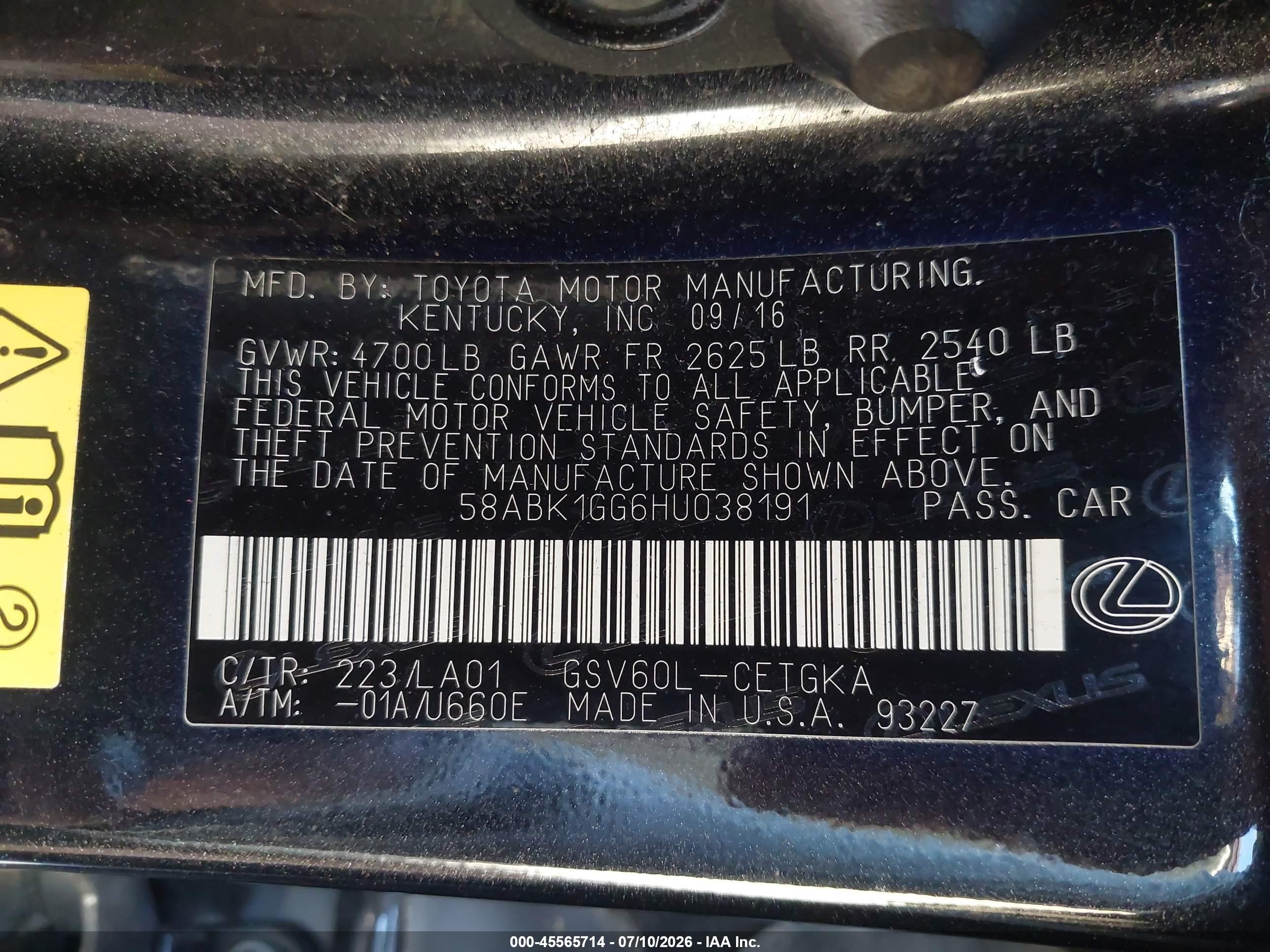 2017 Lexus Es 350 Черный vin: 58ABK1GG6HU038191