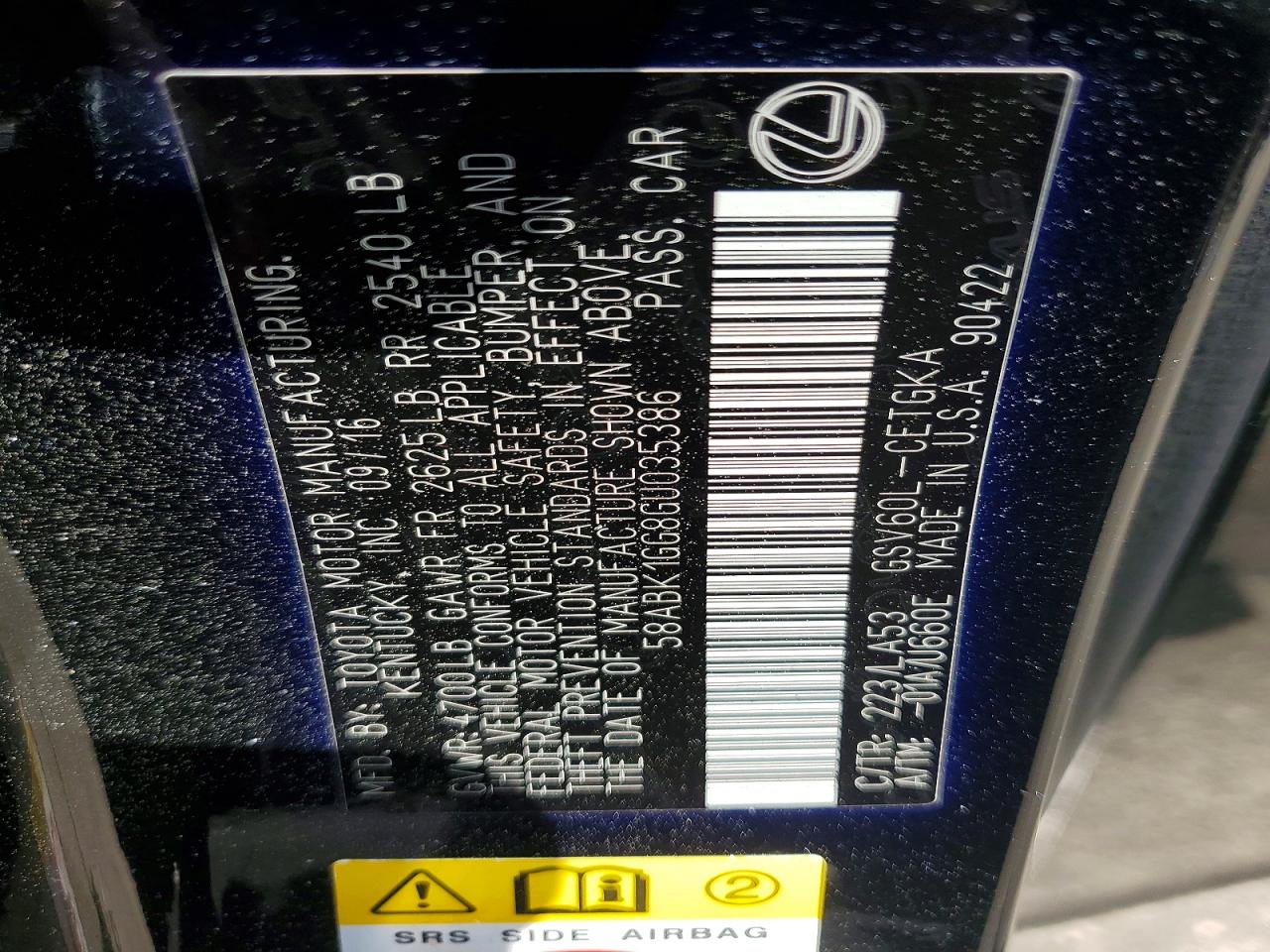 2016 Lexus Es 350 Black vin: 58ABK1GG8GU035386