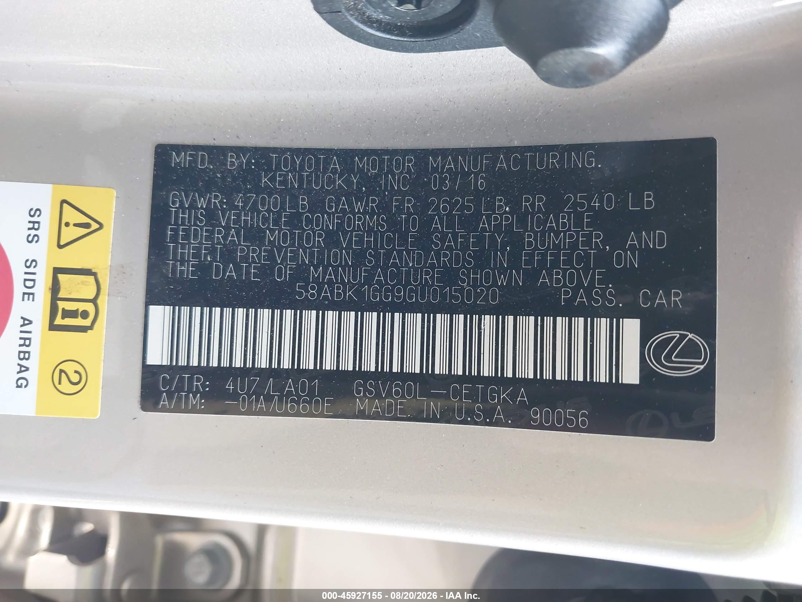 2016 Lexus Es 350   Желто-коричневый vin: 58ABK1GG9GU015020