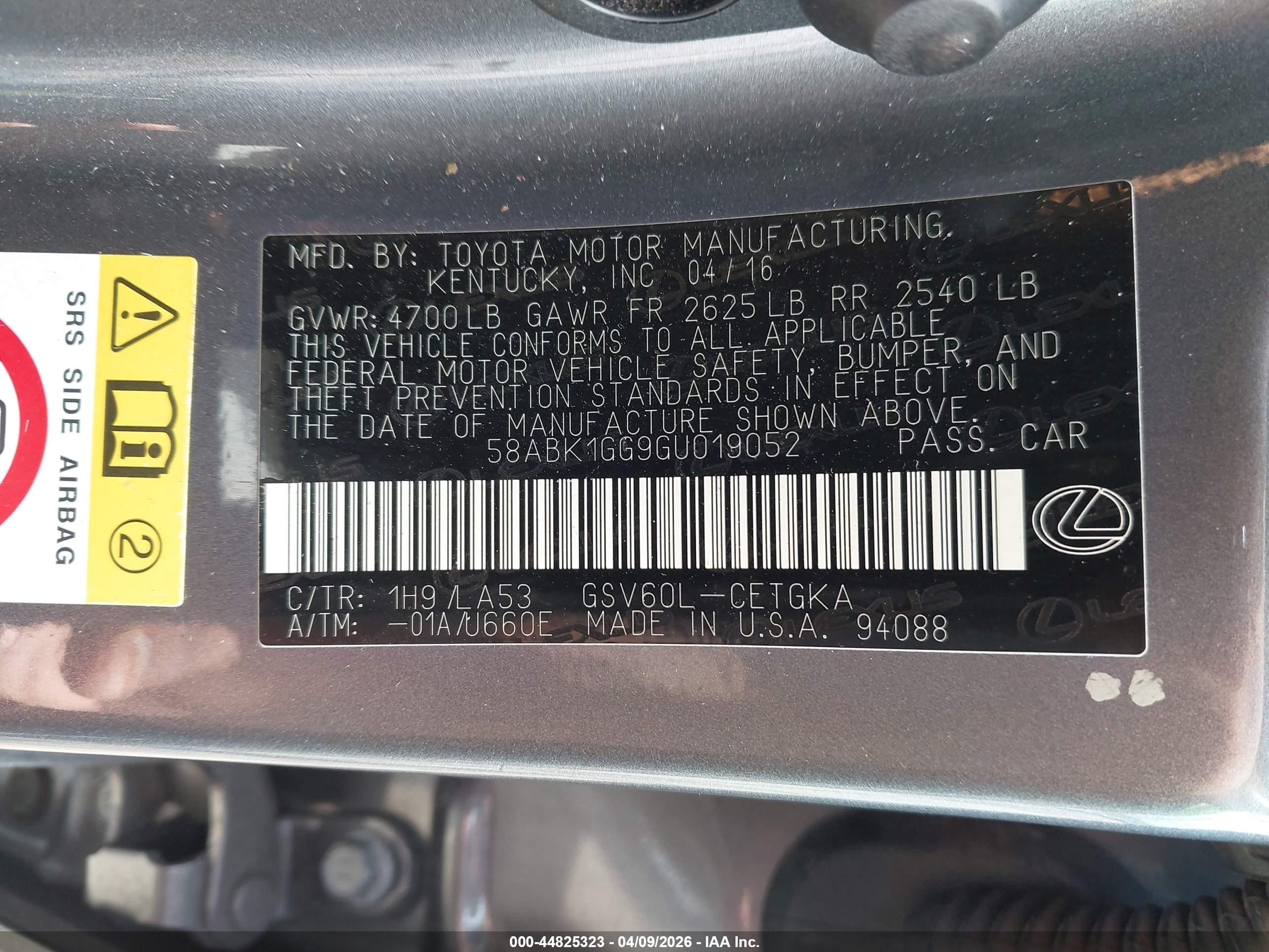 2016 Lexus Es 350   Gray vin: 58ABK1GG9GU019052