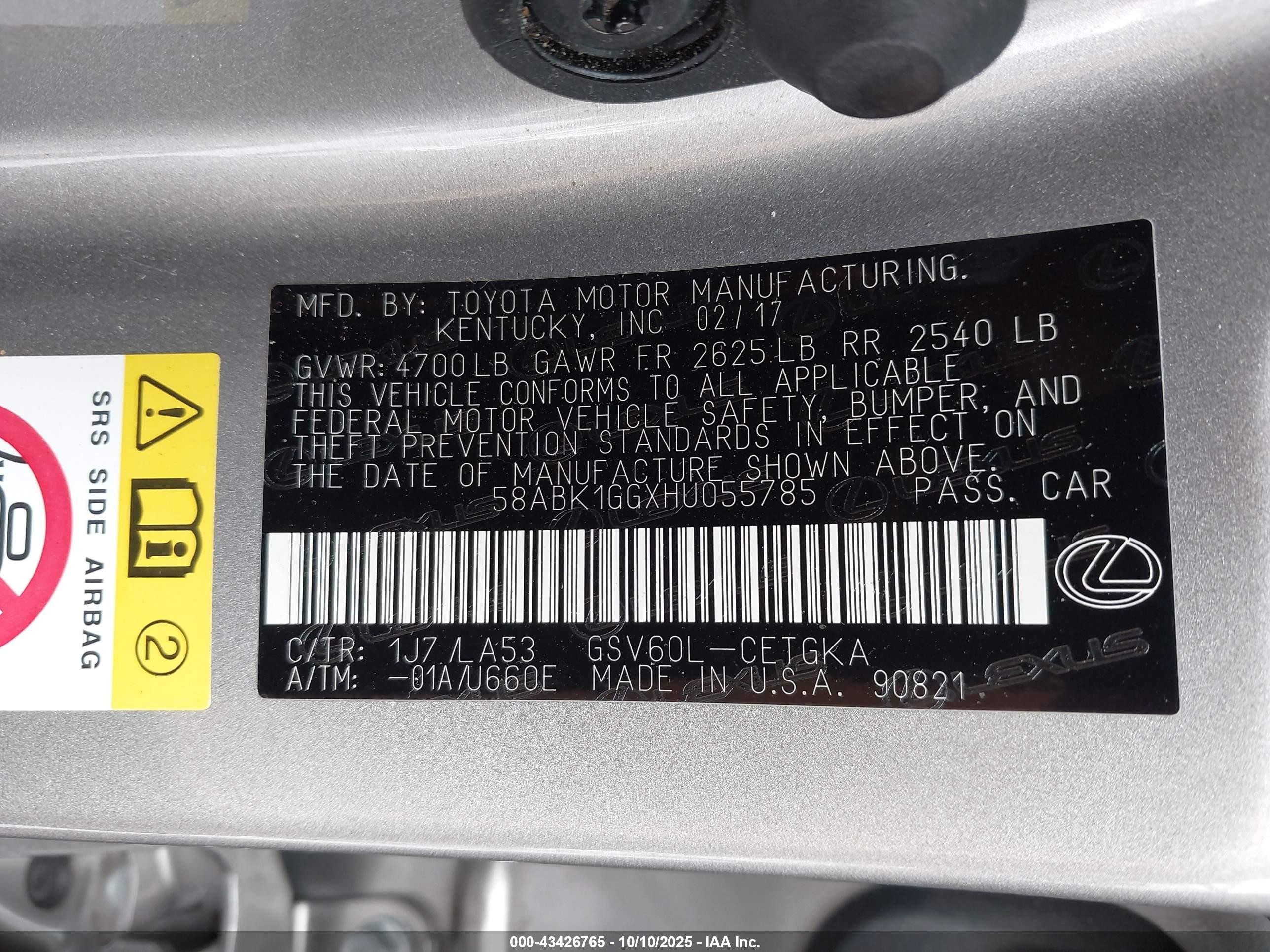 2017 Lexus Es 350   Silver vin: 58ABK1GGXHU055785