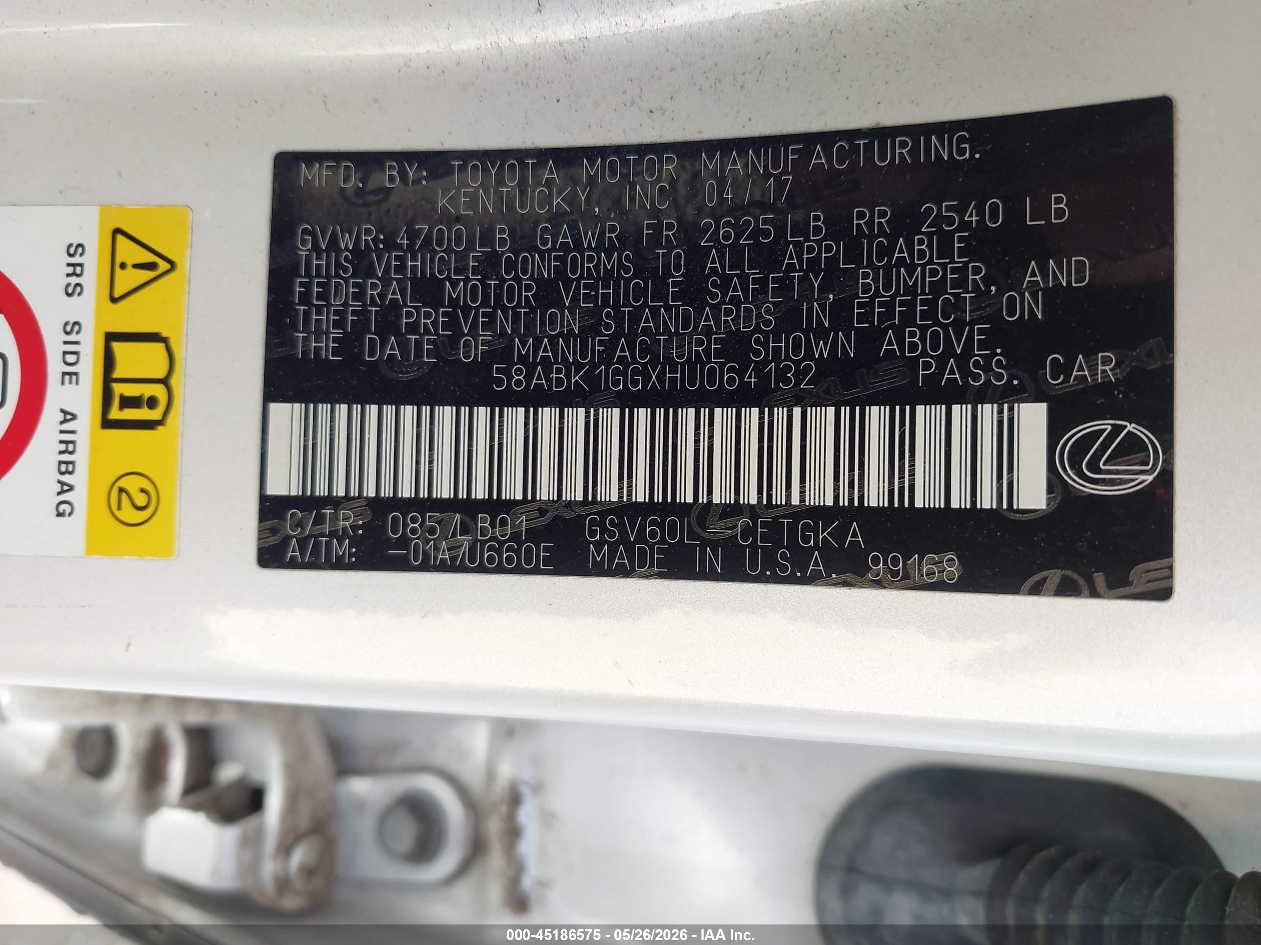 2017 Lexus Es 350 White vin: 58ABK1GGXHU064132