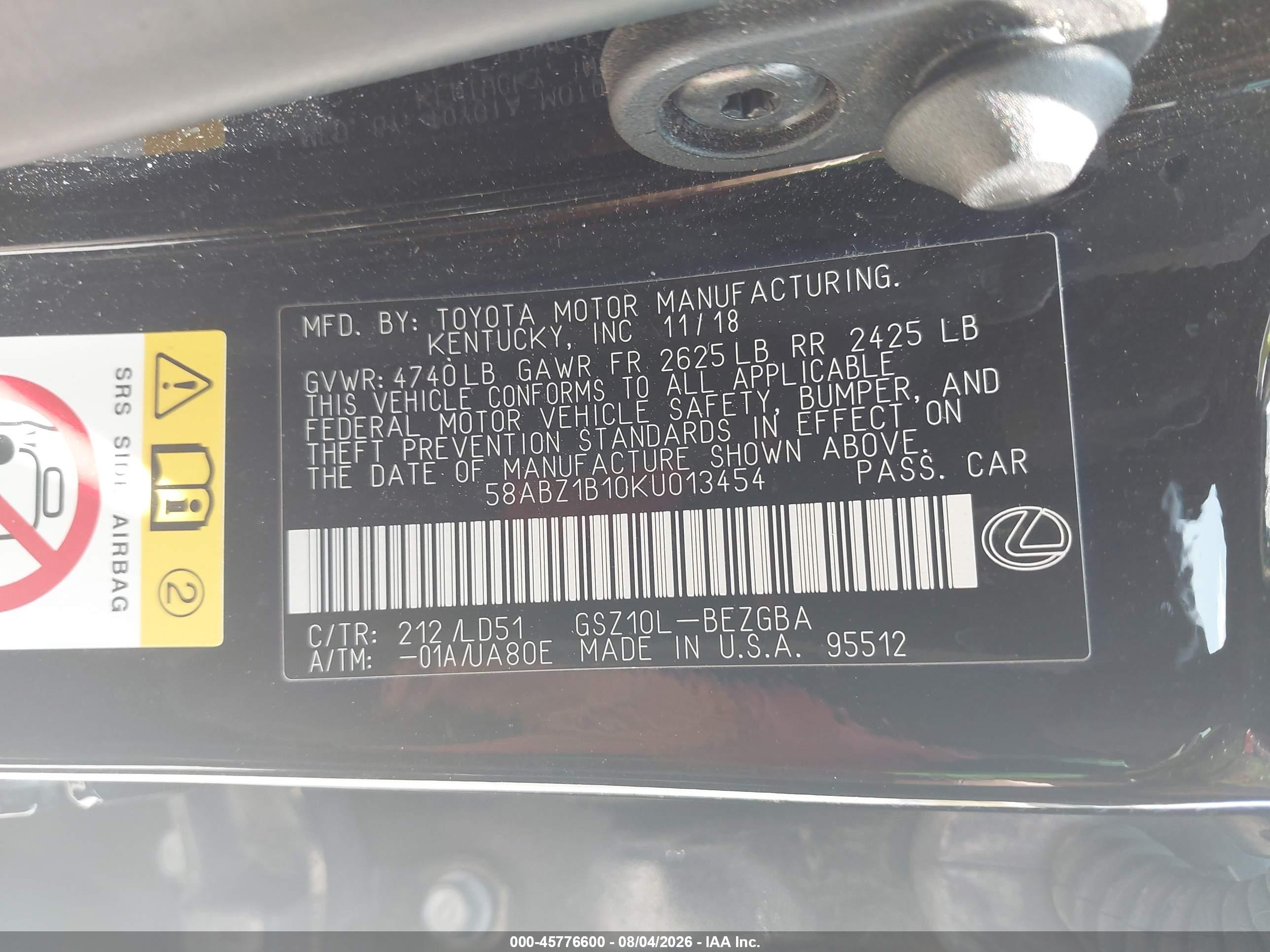 2019 Lexus Es 350 Black vin: 58ABZ1B10KU013454