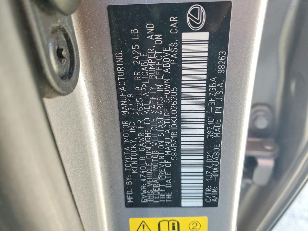 2019 Lexus Es 350 Gray vin: 58ABZ1B10KU026205