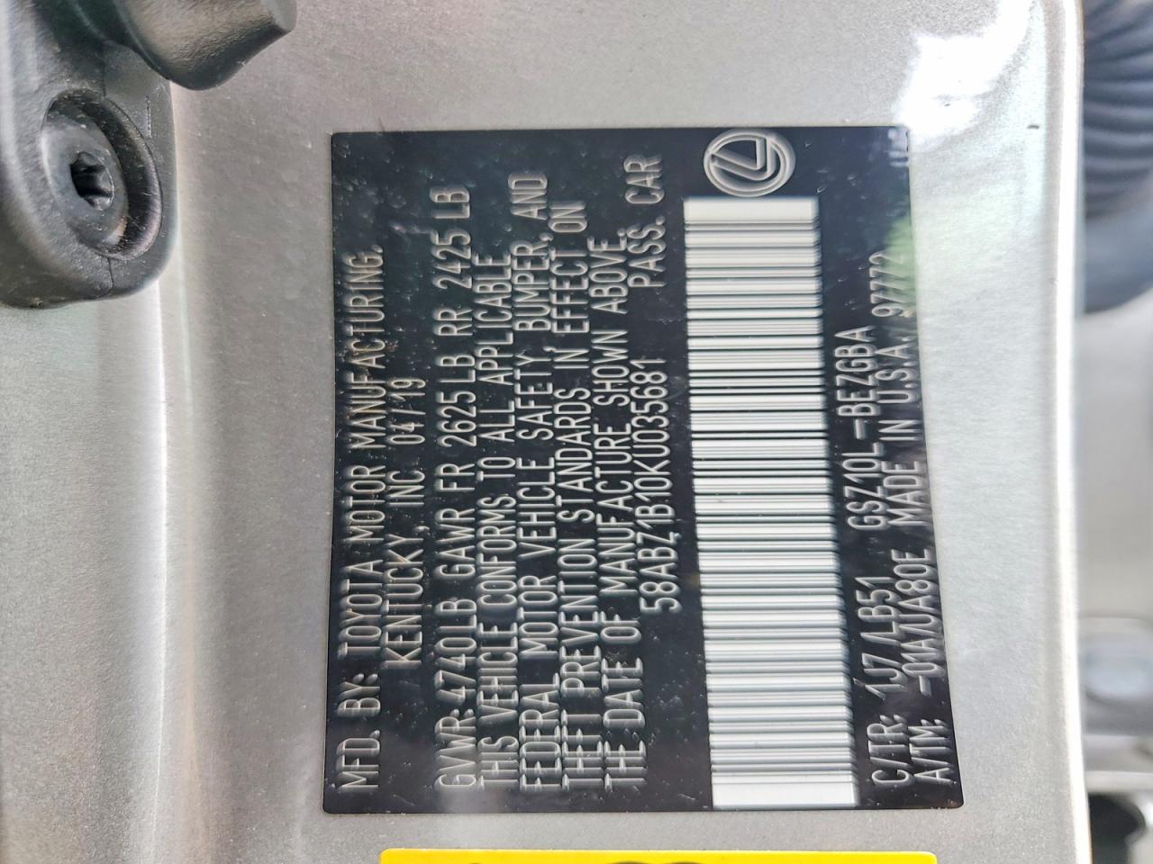 2019 Lexus Es 350 Silver vin: 58ABZ1B10KU035681