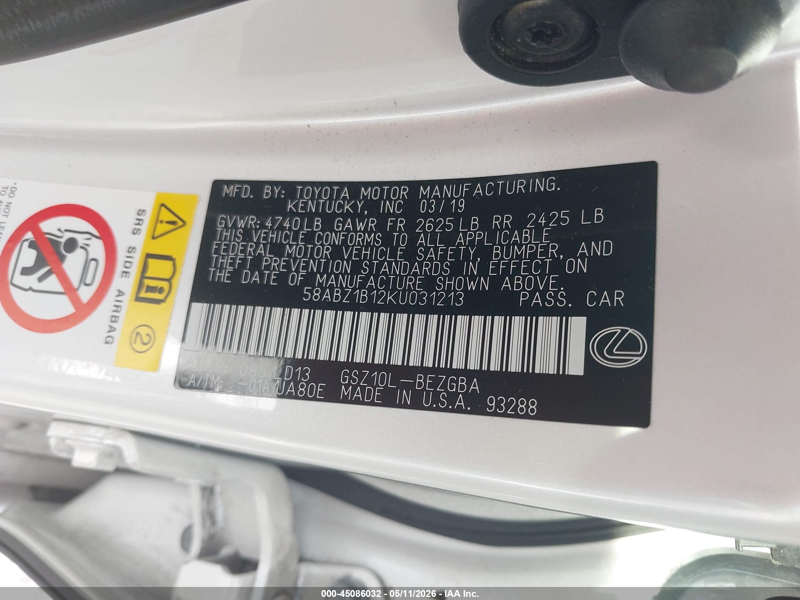 2019 Lexus Es 350 Белый vin: 58ABZ1B12KU031213