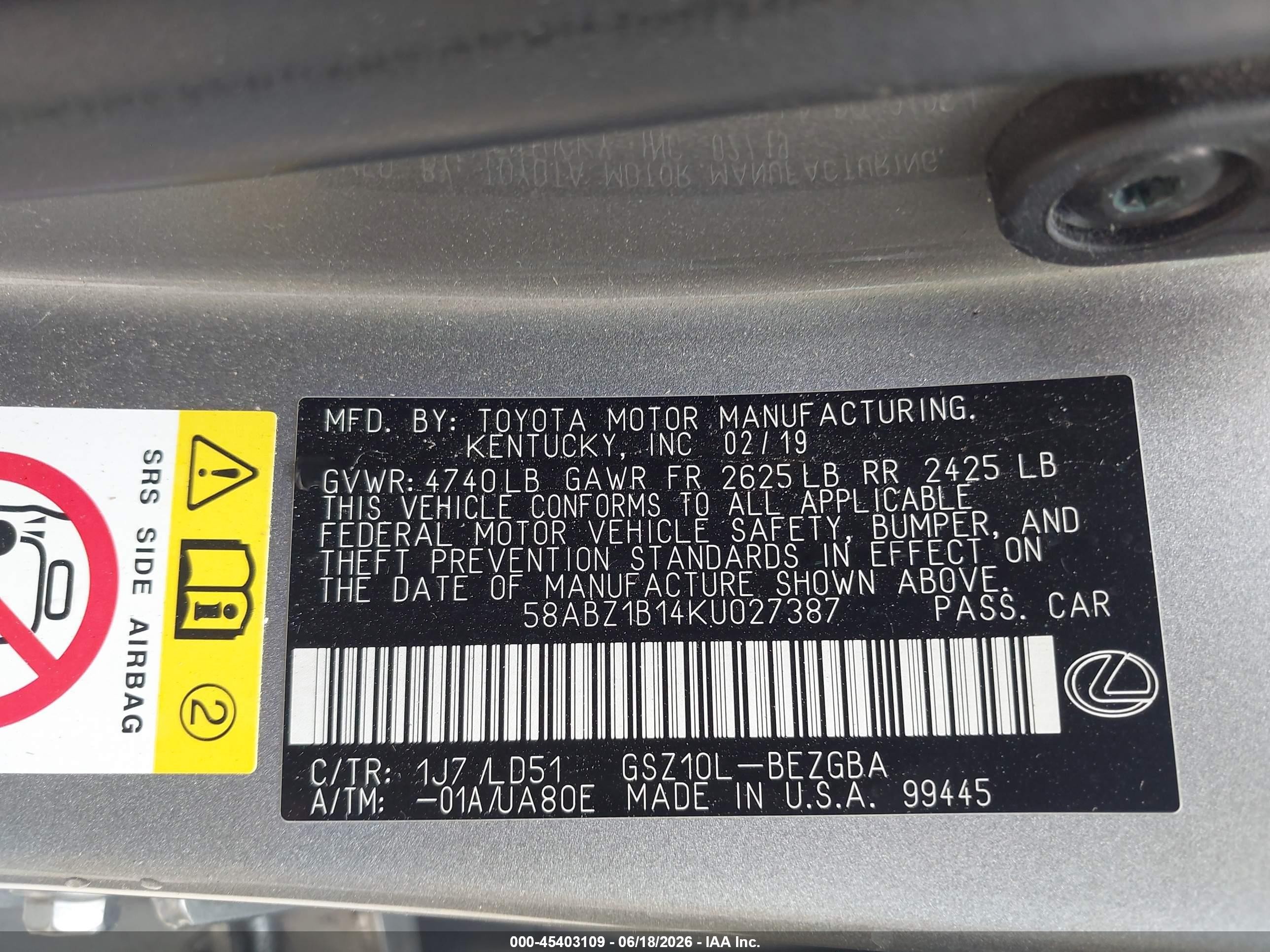 2019 Lexus Es 350 Gray vin: 58ABZ1B14KU027387