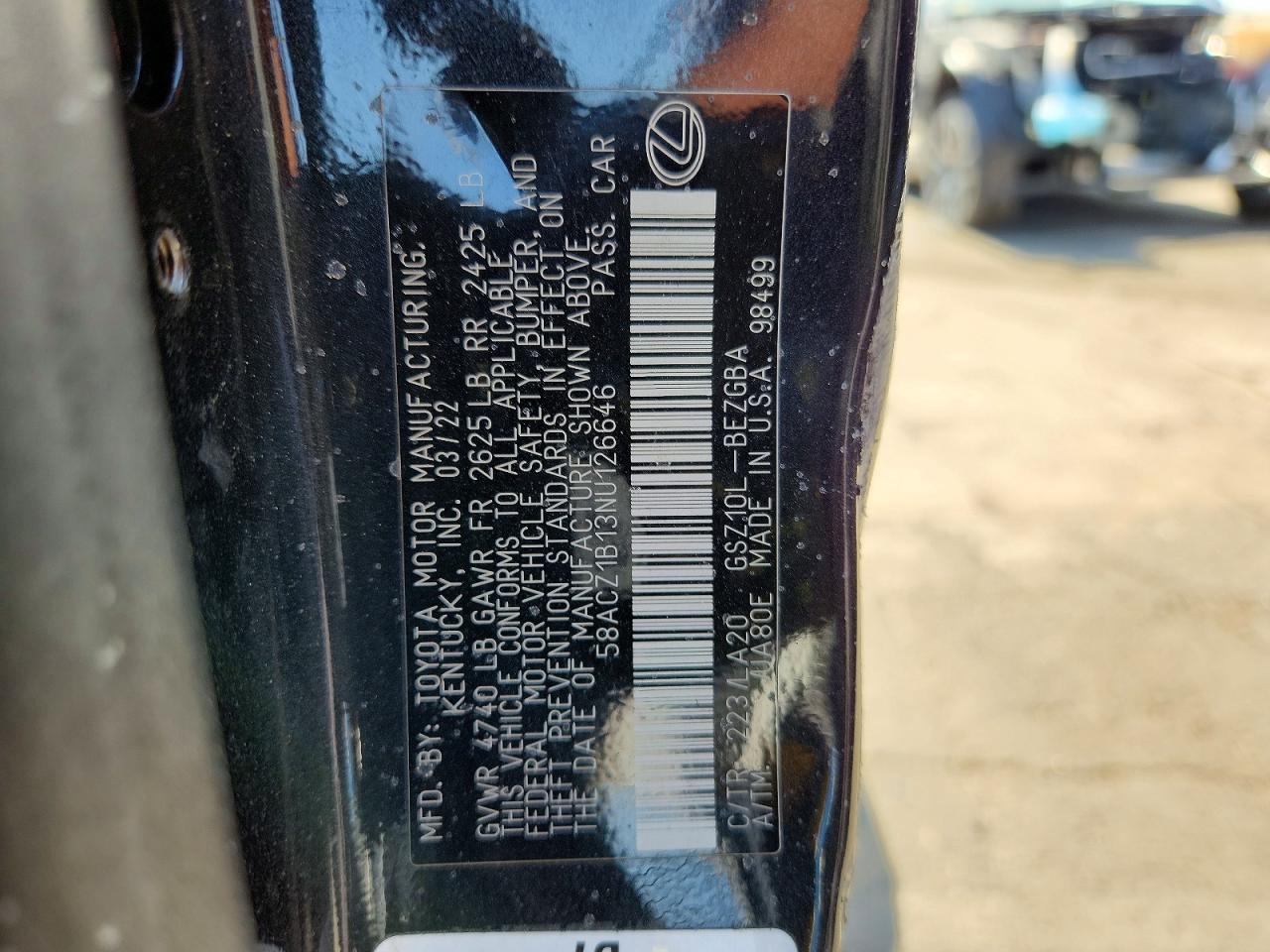 2022 Lexus Es 350 Base Black vin: 58ACZ1B13NU126646