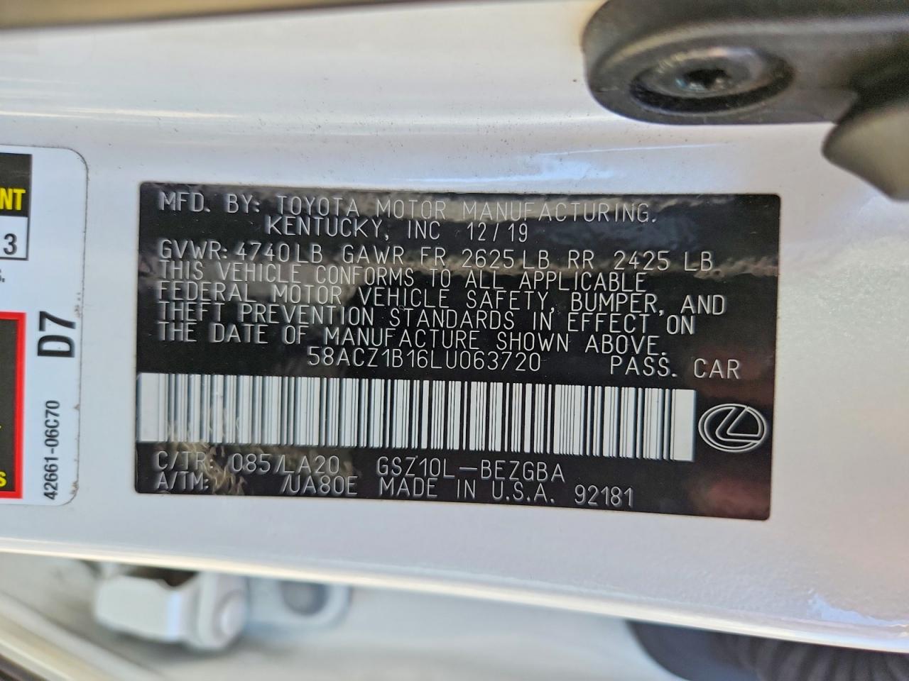 2020 Lexus Es 350 Base White vin: 58ACZ1B16LU063720