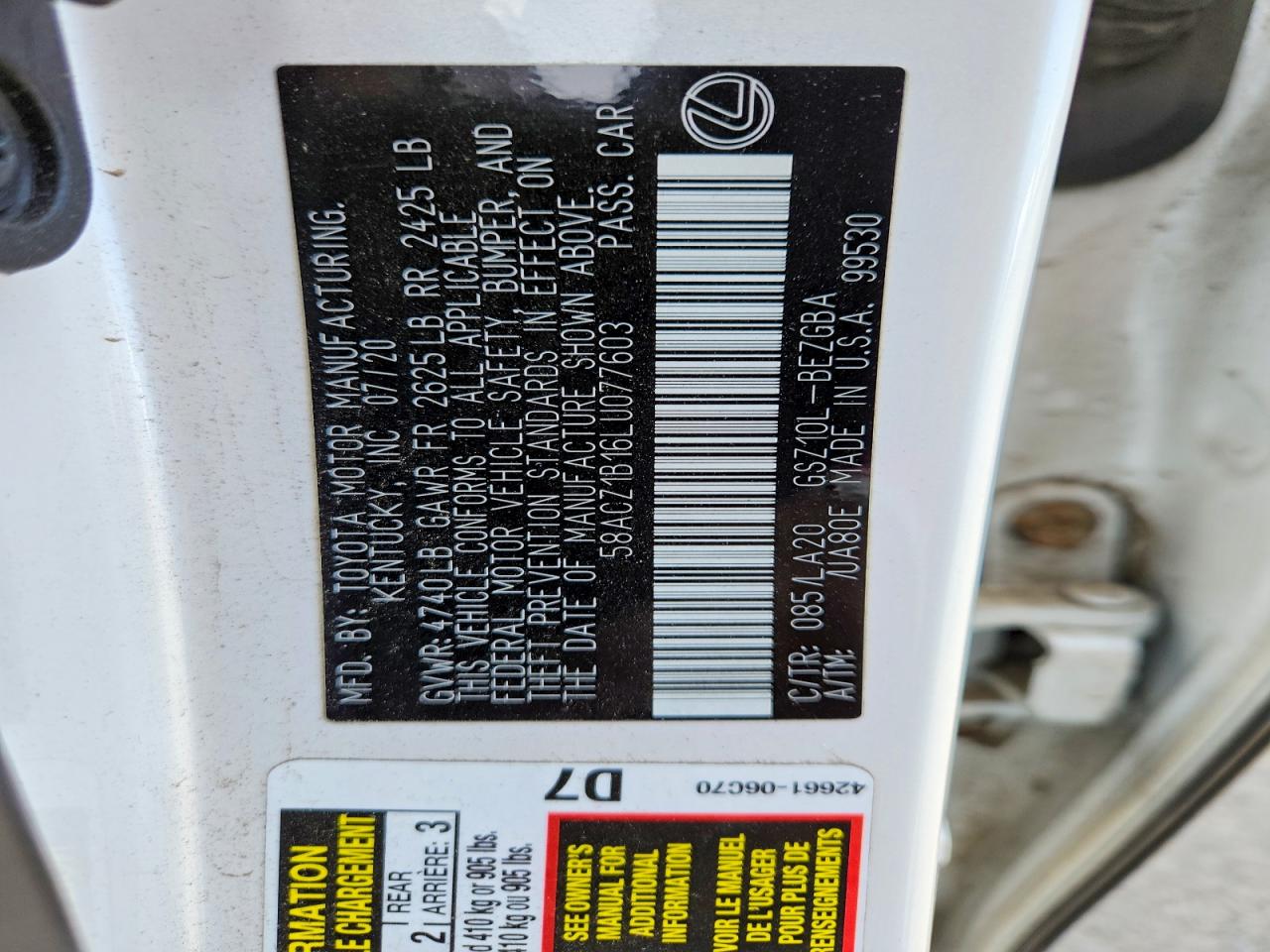 2020 Lexus Es 350 Base White vin: 58ACZ1B16LU077603