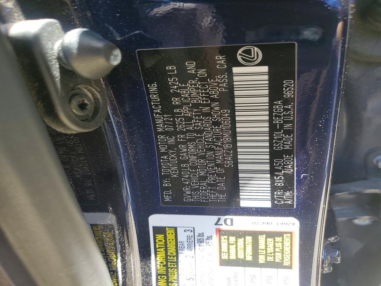 2021 Lexus Es 350 Base Blue vin: 58ACZ1B18MU106049