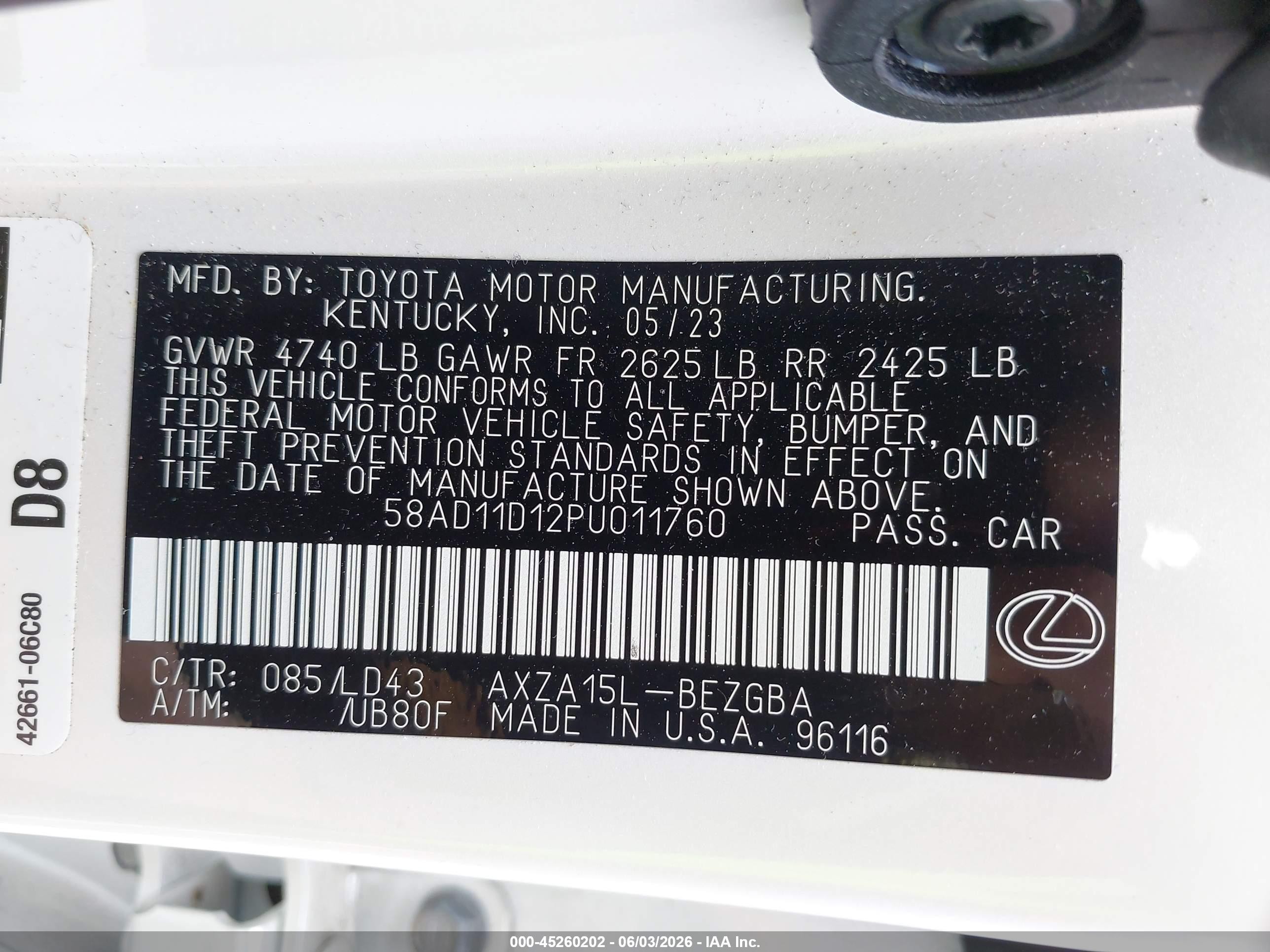 2023 Lexus Es 250   Белый vin: 58AD11D12PU011760