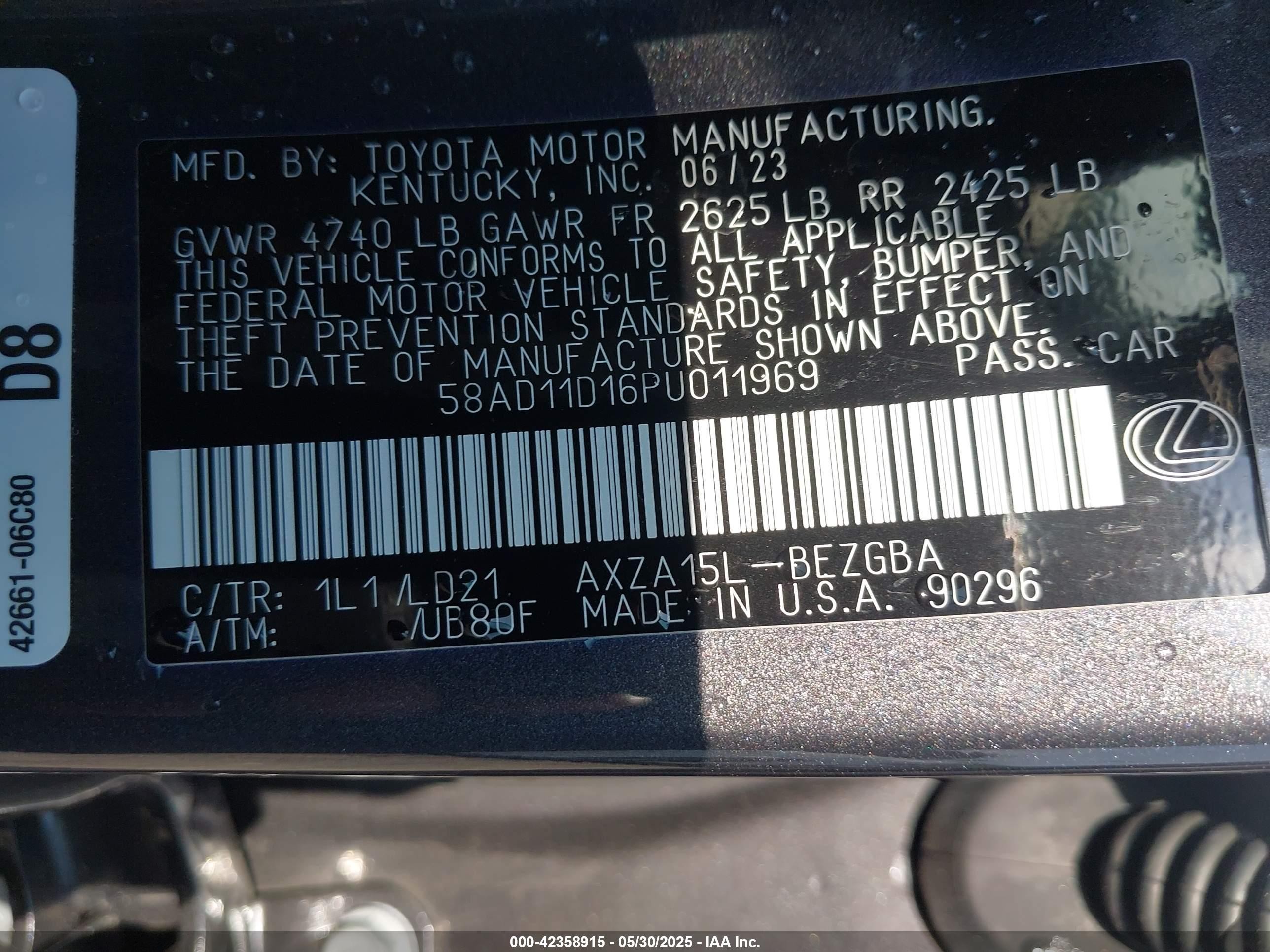 2023 Lexus Es 250   Серый vin: 58AD11D16PU011969