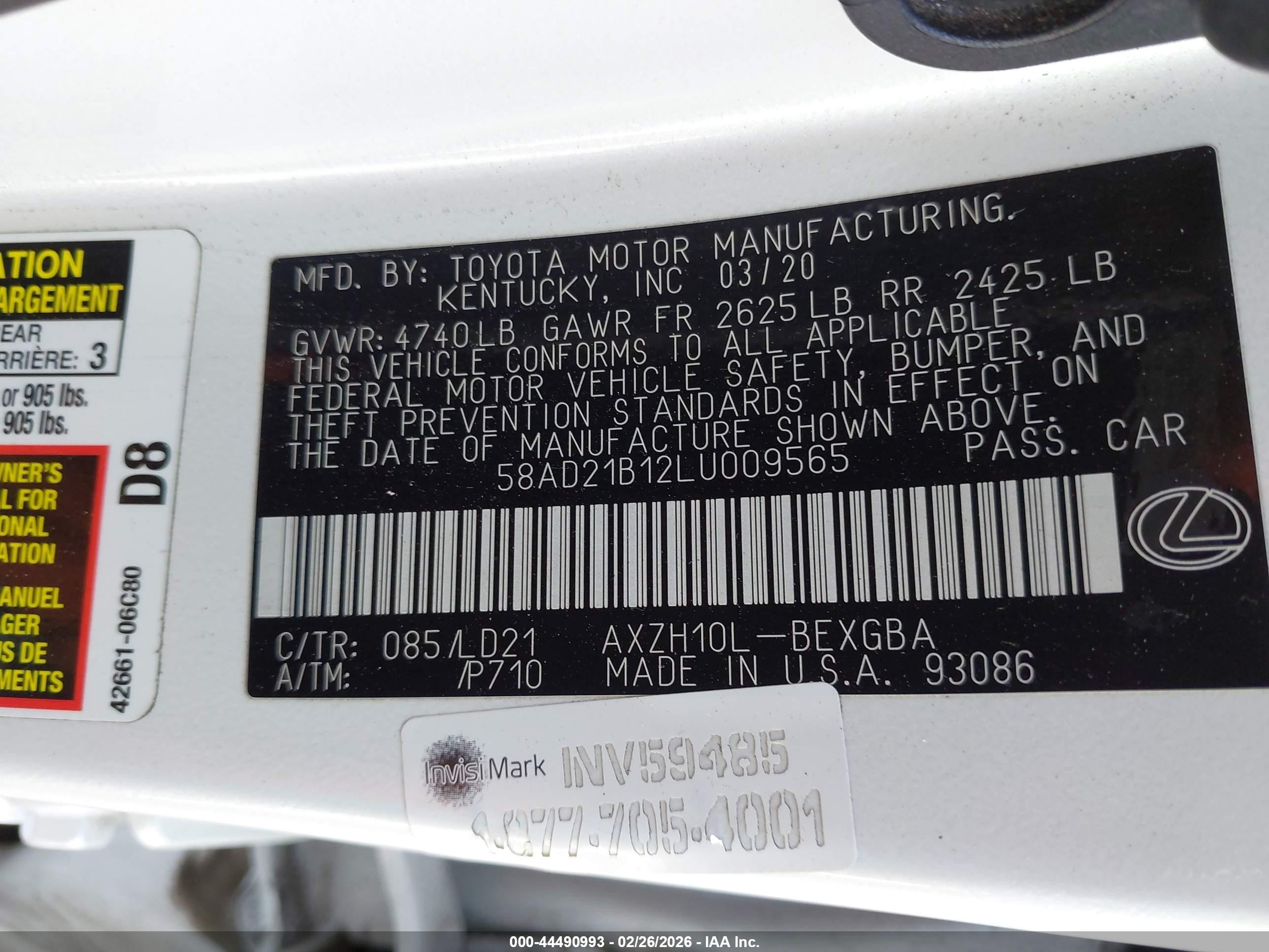 2020 Lexus Es 300h   White vin: 58AD21B12LU009565
