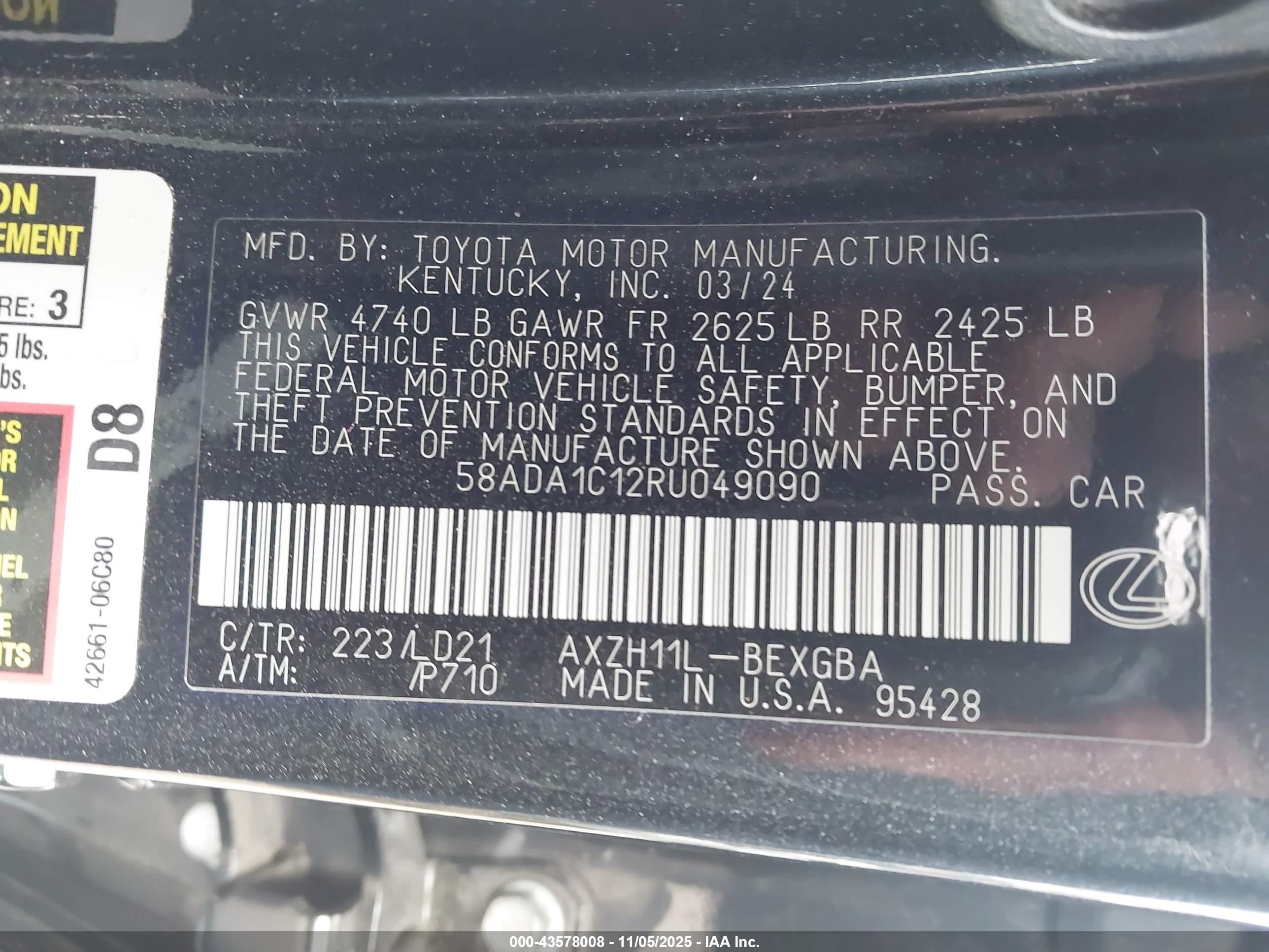 2024 Lexus Es 300h   Black vin: 58ADA1C12RU049090