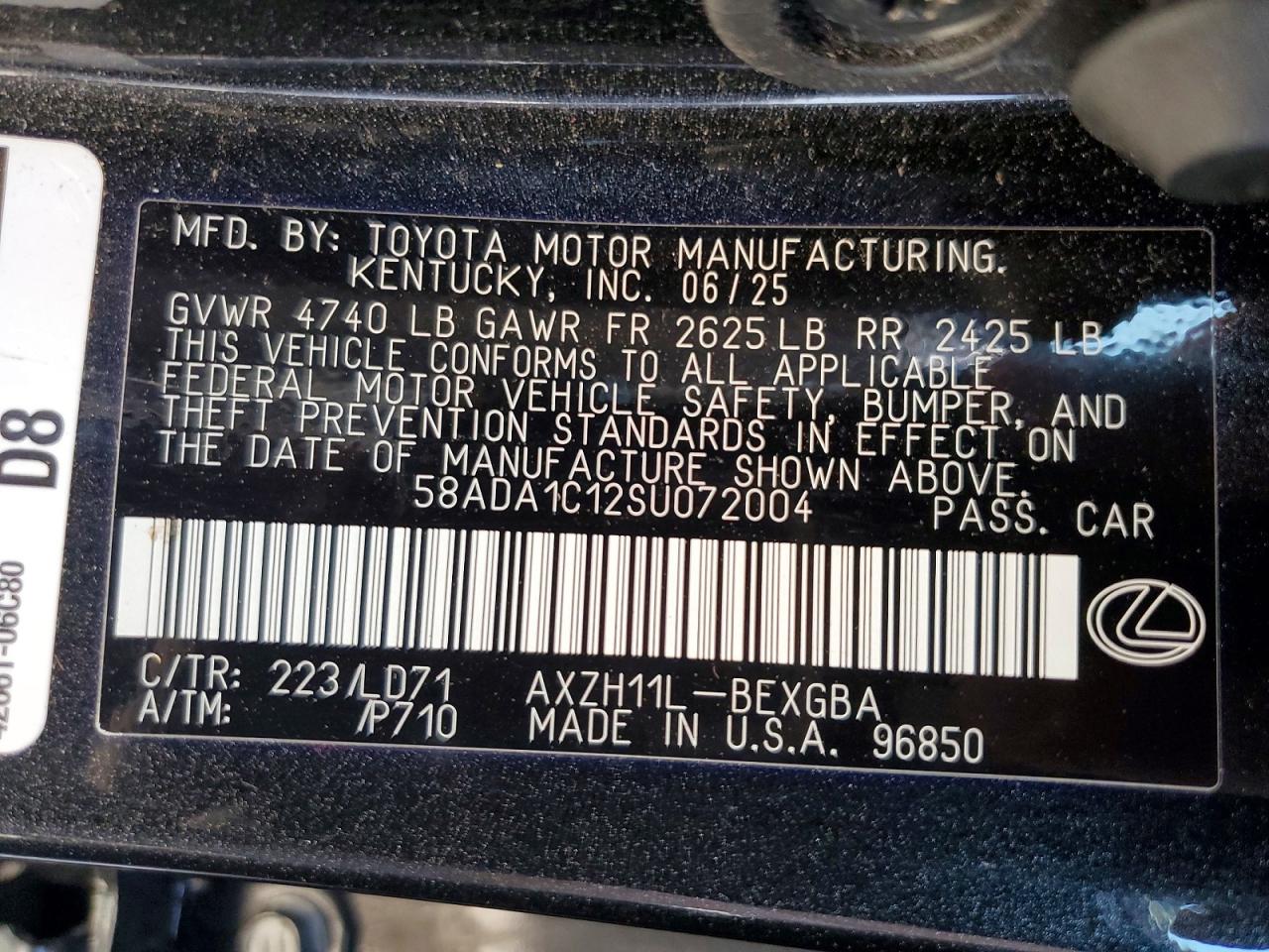 2025 Lexus Es 300h Base Black vin: 58ADA1C12SU072004