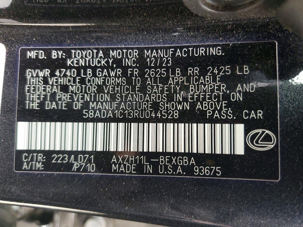 2024 Lexus Es 300h Base Black vin: 58ADA1C13RU044528