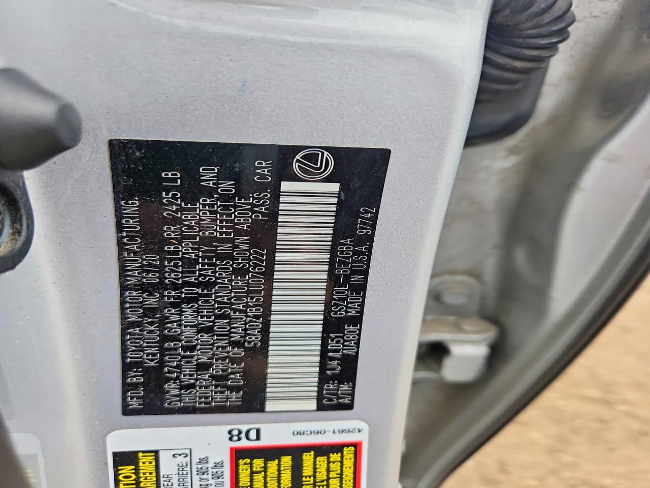 2020 Lexus Es 350 Silver vin: 58ADZ1B15LU076222
