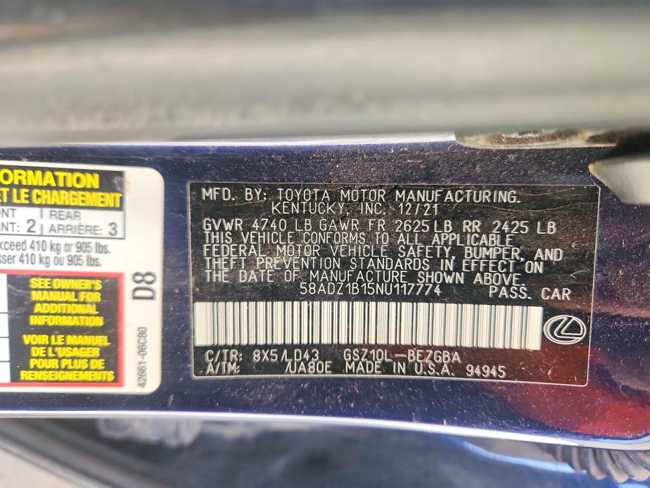 2022 Lexus Es 350 Base Blue vin: 58ADZ1B15NU117774