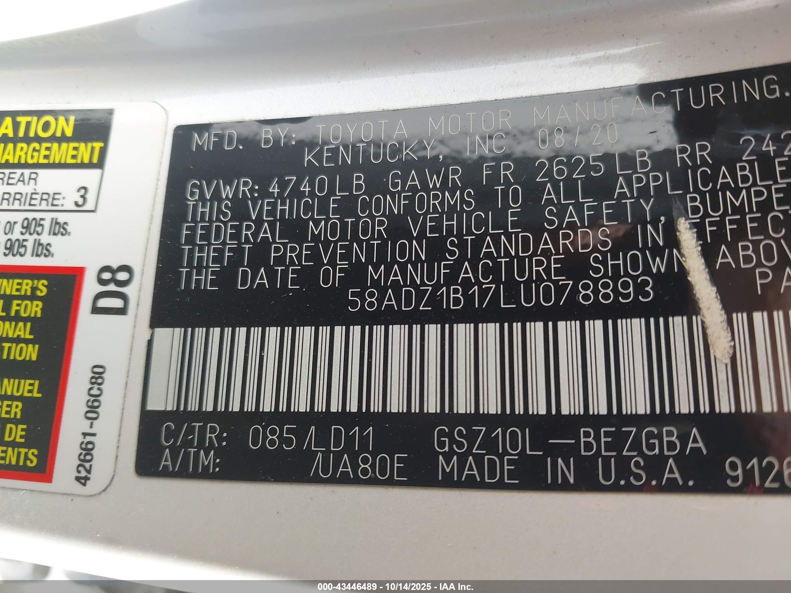 2020 Lexus Es 350   White vin: 58ADZ1B17LU078893