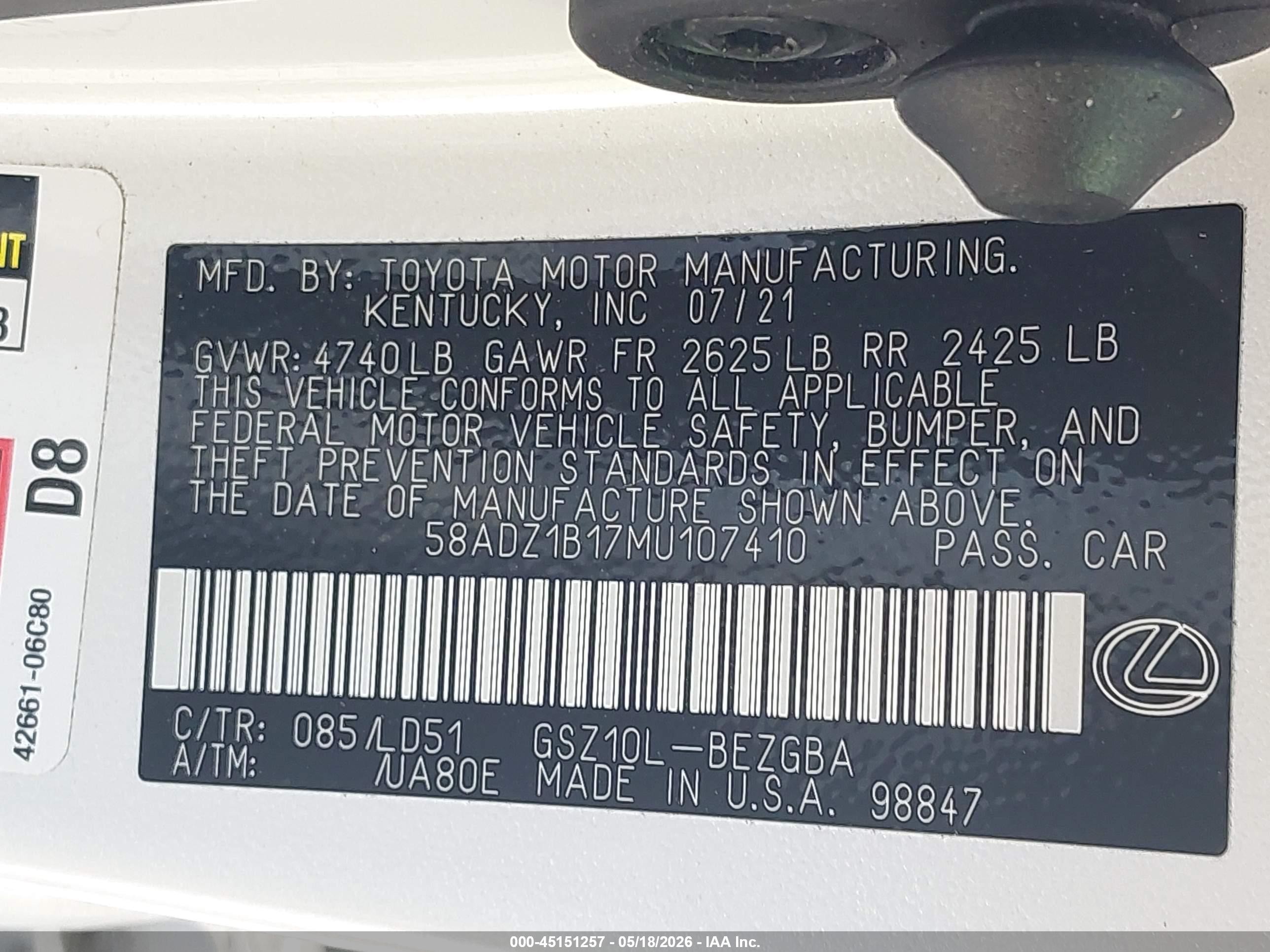 2021 Lexus Es 350   White vin: 58ADZ1B17MU107410