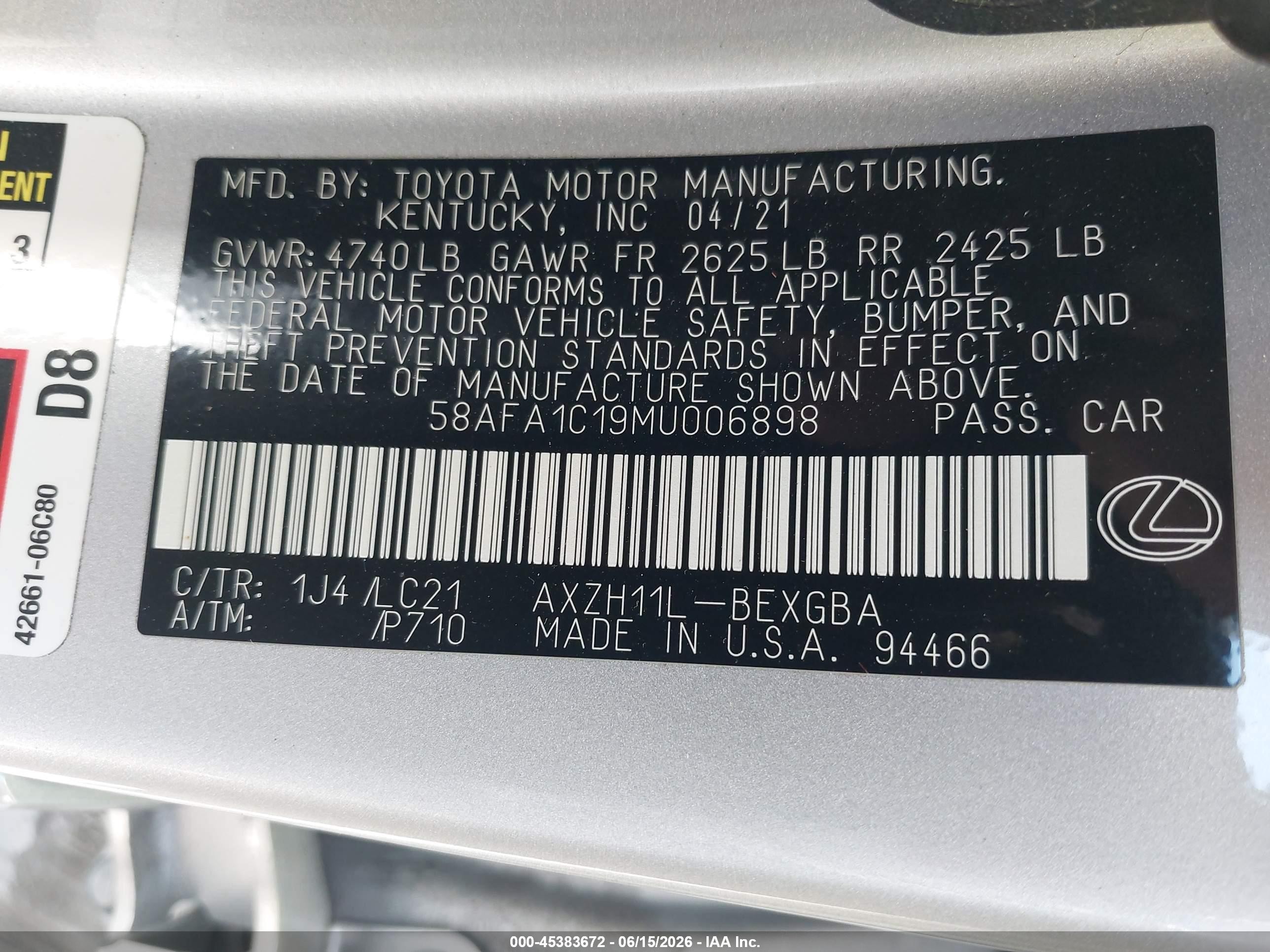 2021 Lexus Es 300h Ultra Luxury Silver vin: 58AFA1C19MU006898
