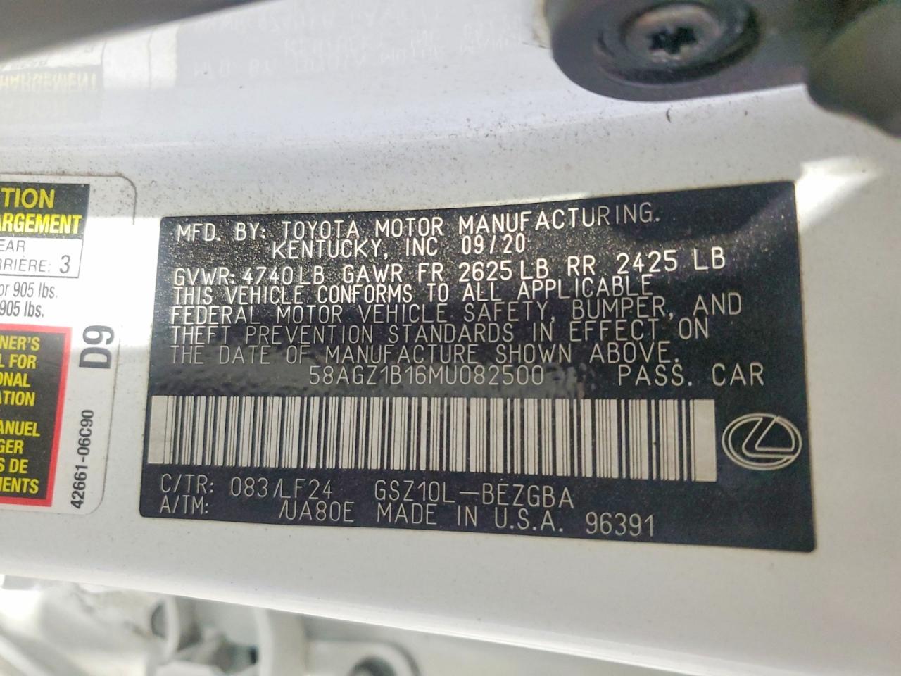 2021 Lexus Es 350 F Sport White vin: 58AGZ1B16MU082500