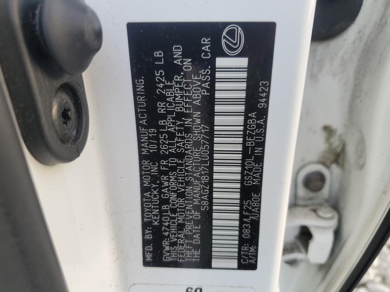 2020 Lexus Es 350 F Sport White vin: 58AGZ1B17LU057717