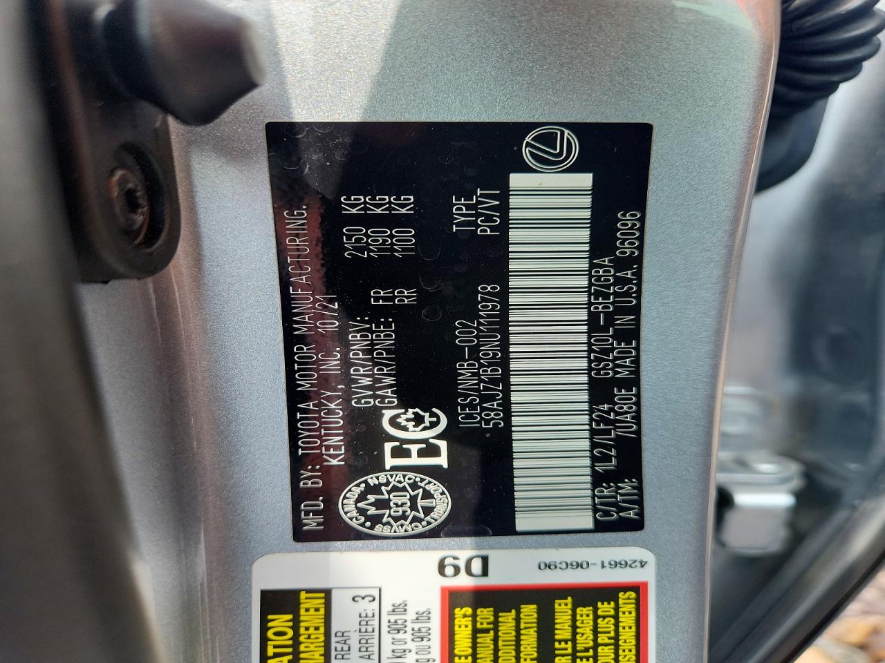 2022 Lexus Es 350 F Sport Silver vin: 58AJZ1B19NU111978