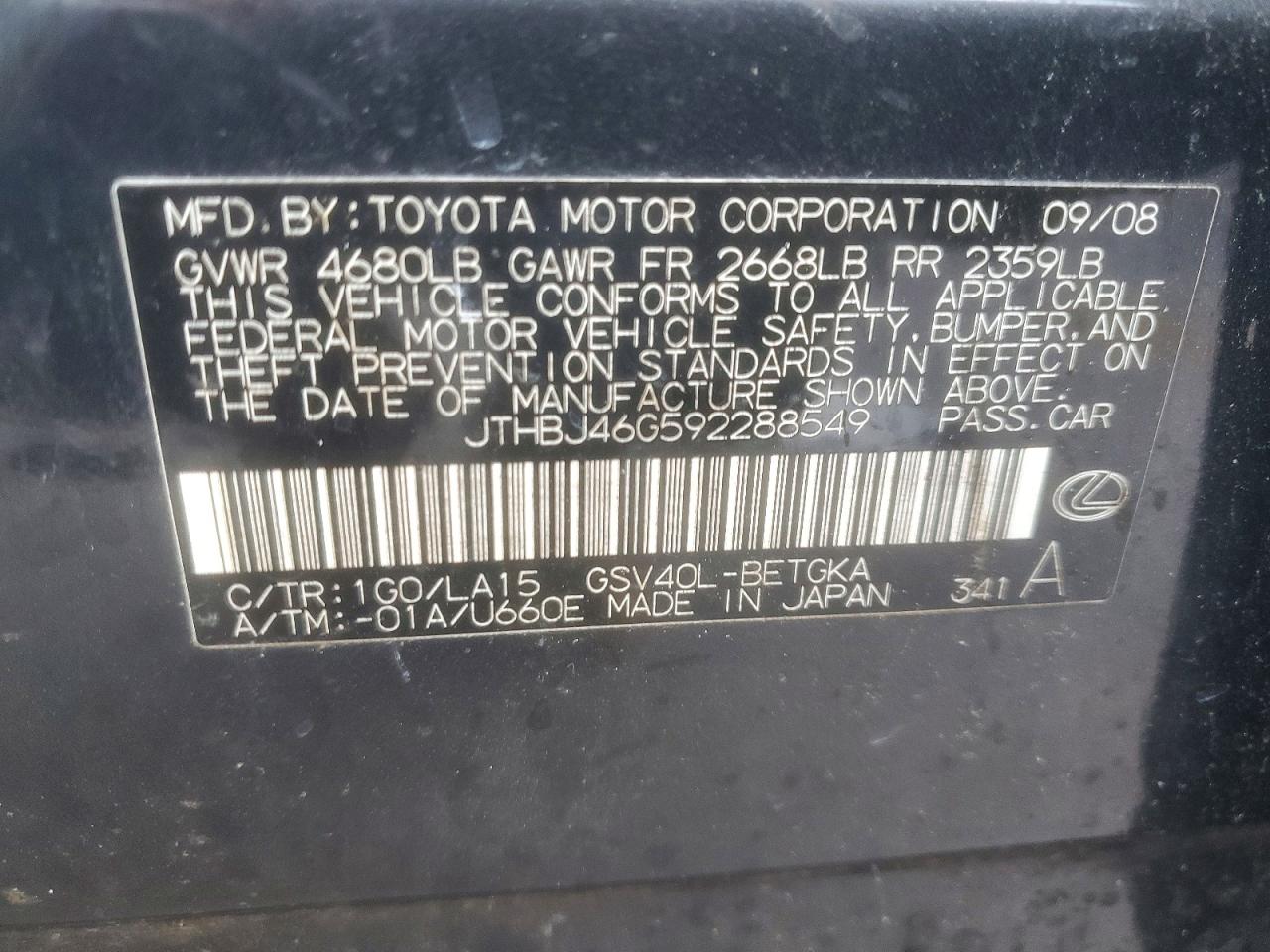 2009 Lexus Es 350 Black vin: JTHBJ46G592288549